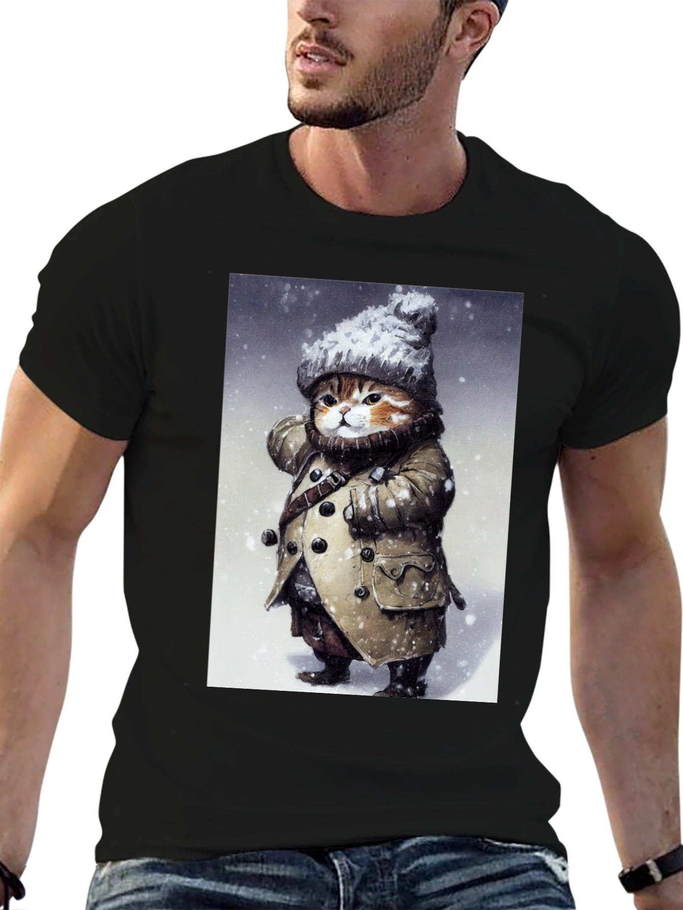 Winter Cat in Coat T-Shirt - Unique Graphic Tee