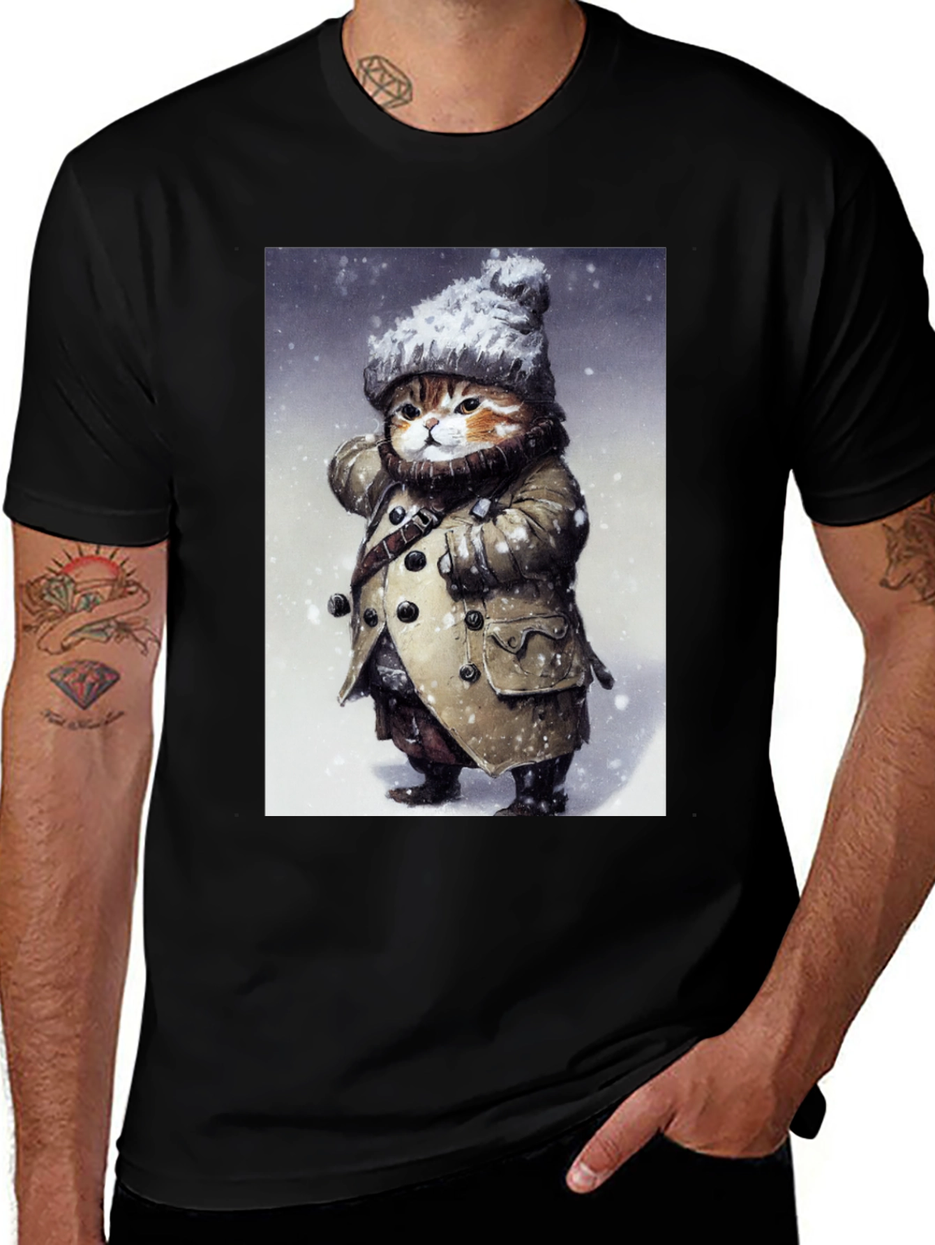 Winter Cat in Coat T-Shirt - Unique Graphic Tee