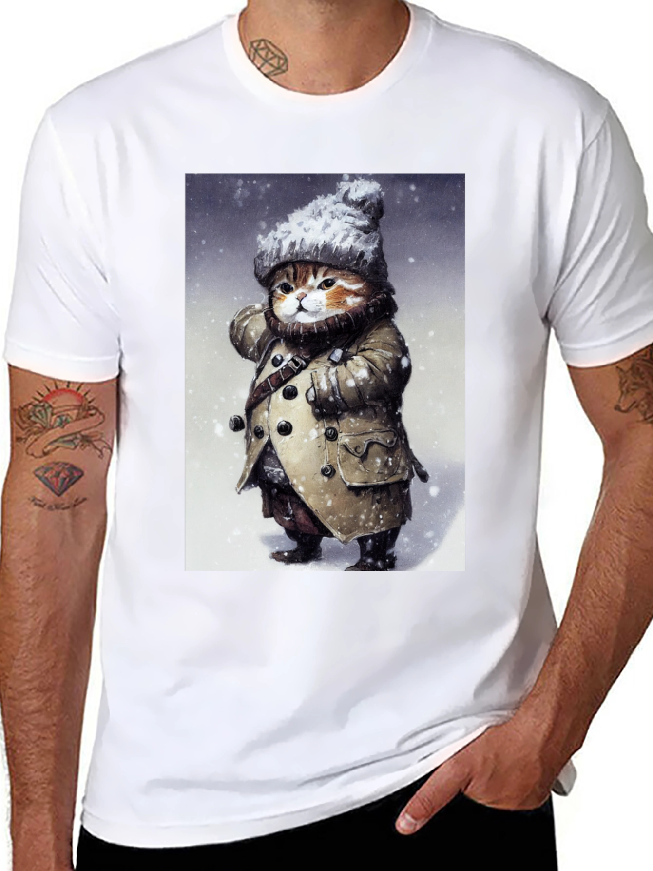 Winter Cat in Coat T-Shirt - Unique Graphic Tee