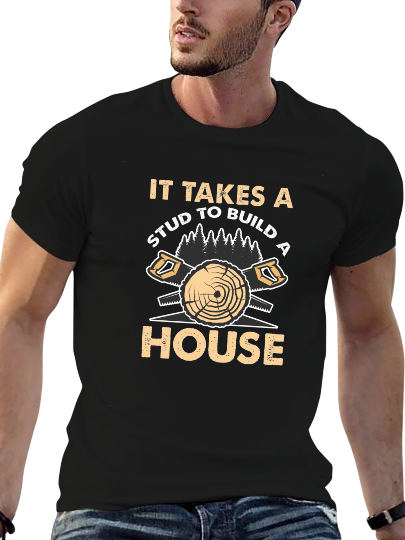 Carpenter Stud House Builder Humor Black T-Shirt