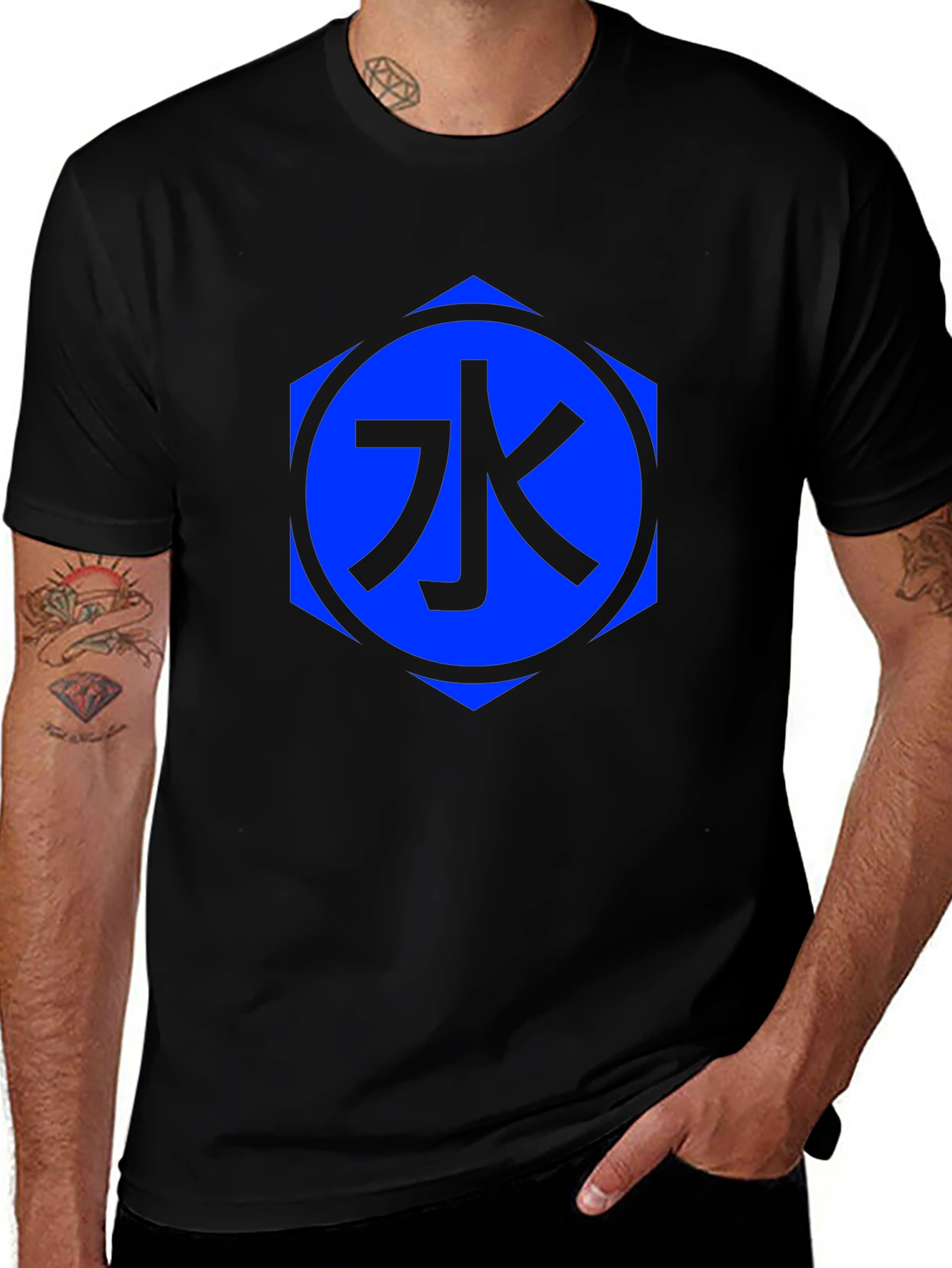 Black T-Shirt with Blue Water Kanji Design