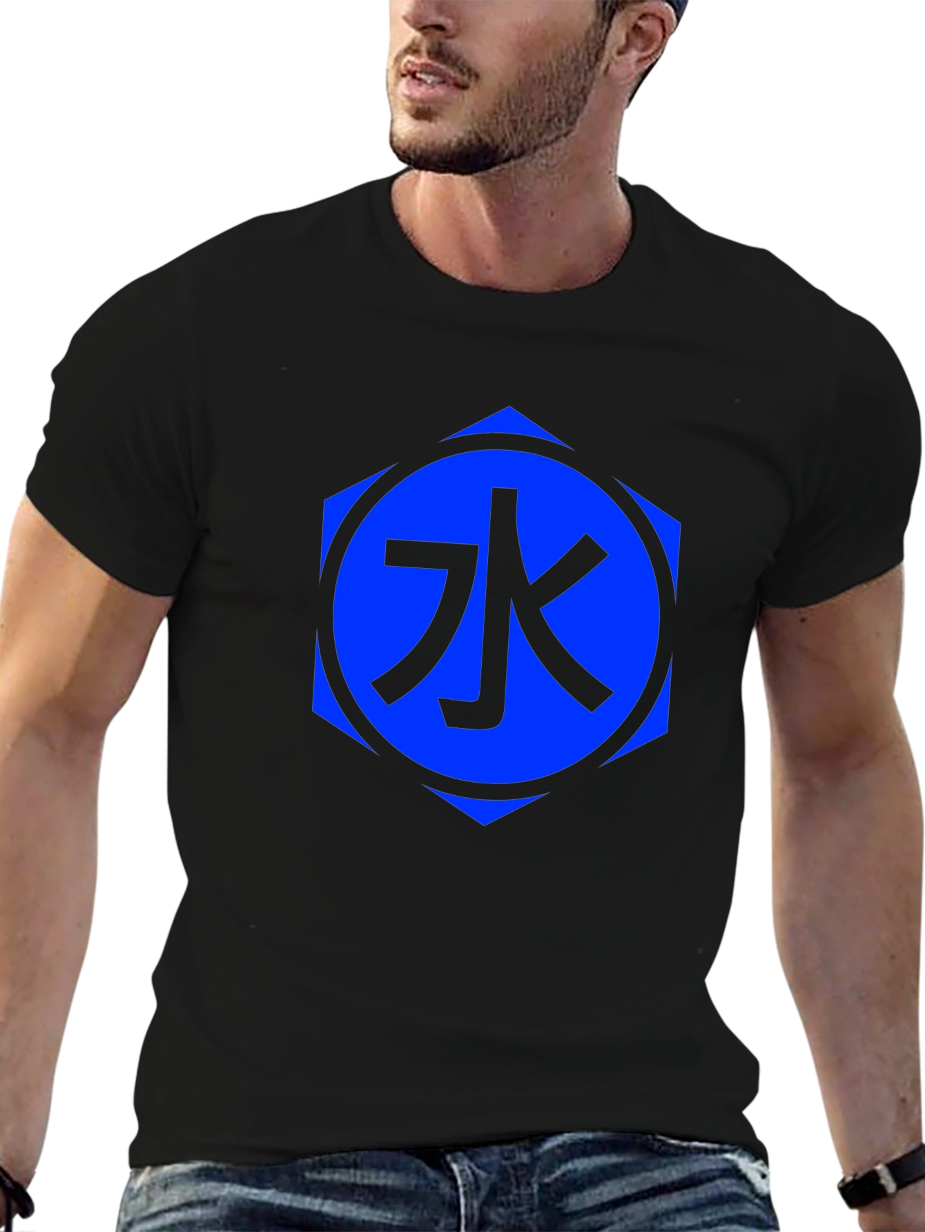 Black T-Shirt with Blue Water Kanji Design