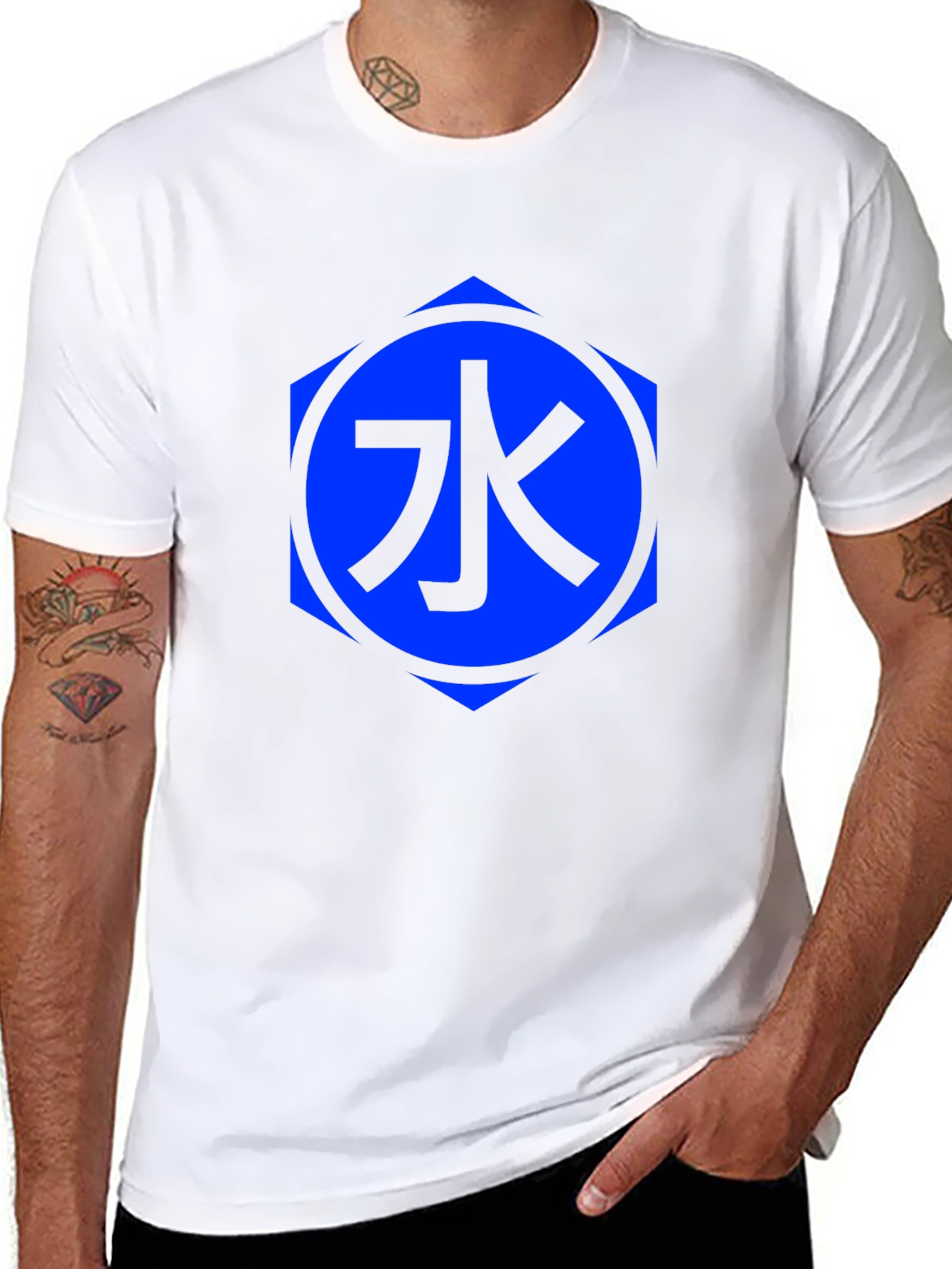 Black T-Shirt with Blue Water Kanji Design