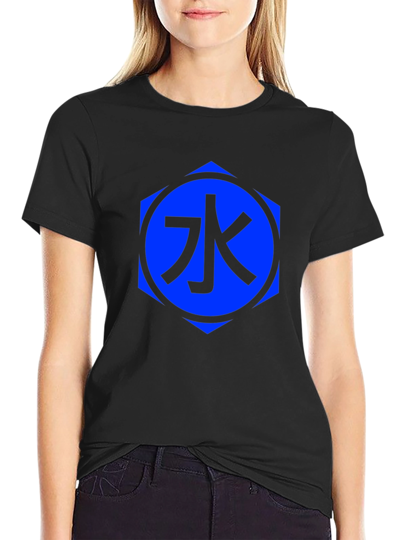 Black T-Shirt with Blue Water Kanji Design