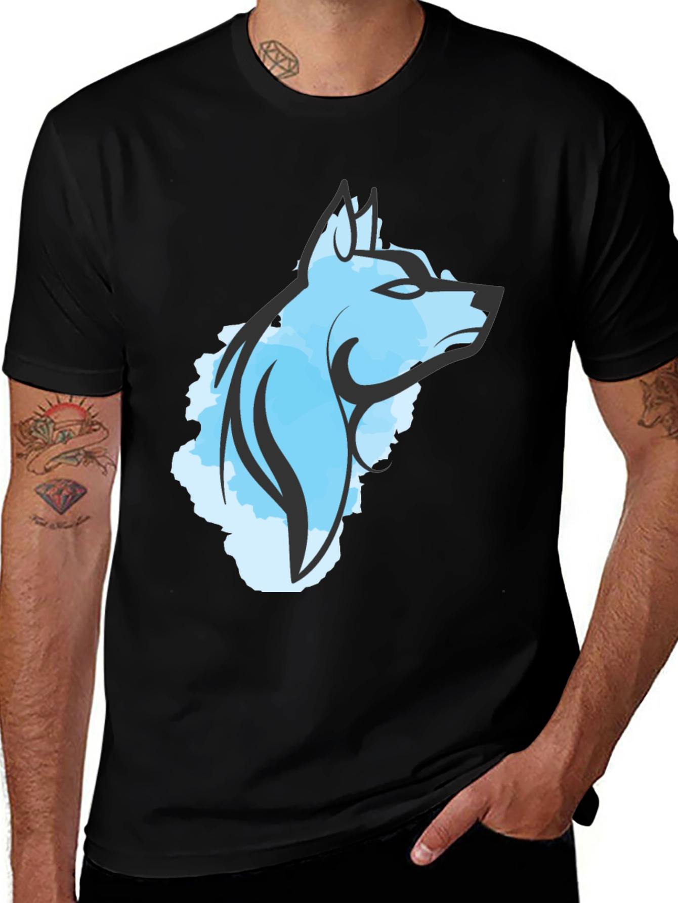 Cool Blue Wolf Graphic Tee - Black