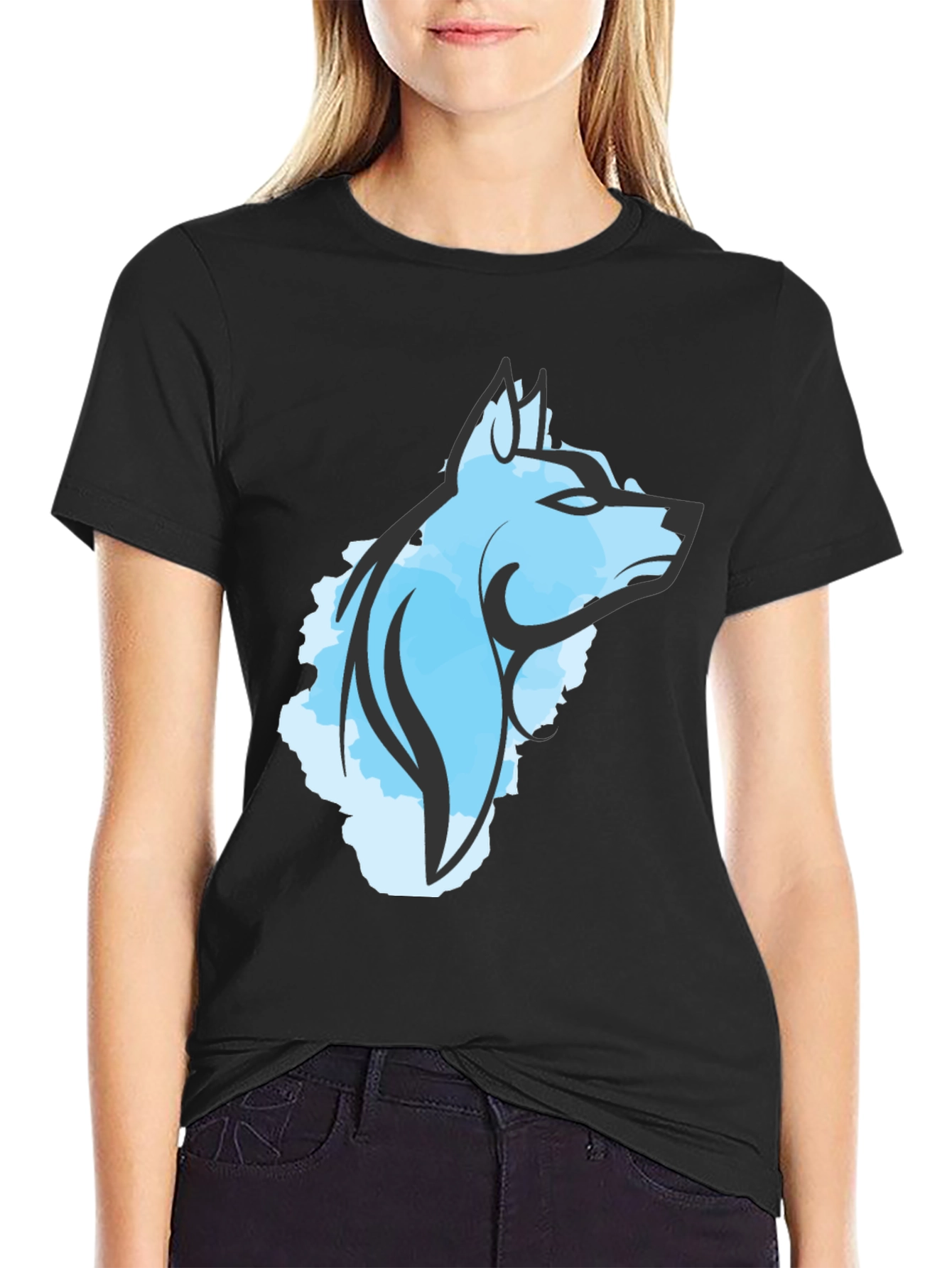 Cool Blue Wolf Graphic Tee - Black