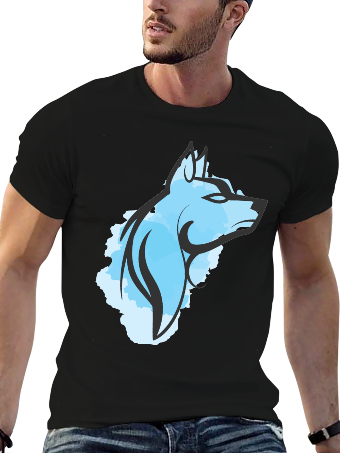 Cool Blue Wolf Graphic Tee - Black