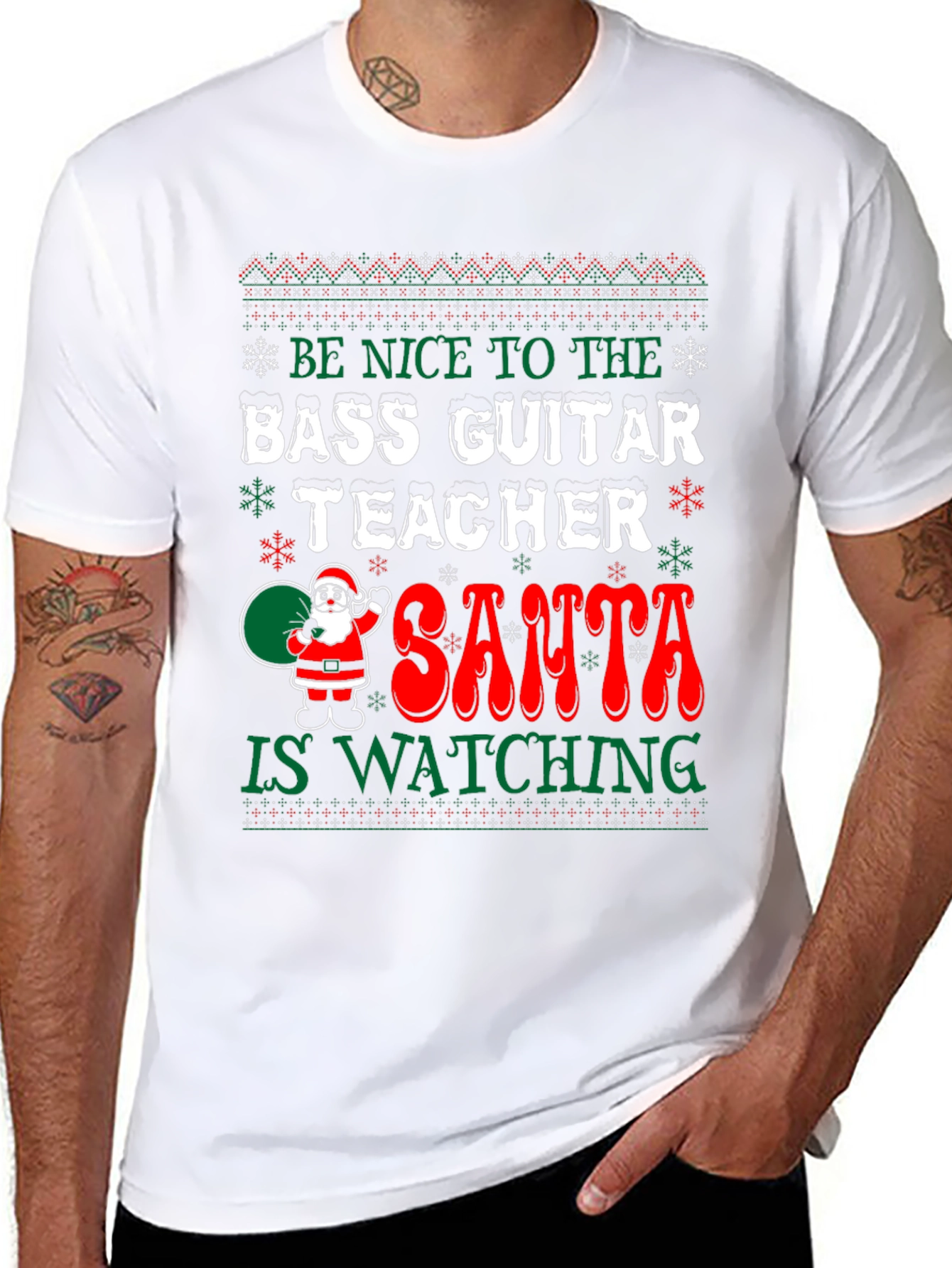 Bass Guitar Teacher Ugly Christmas Sweater Style T-Shirt