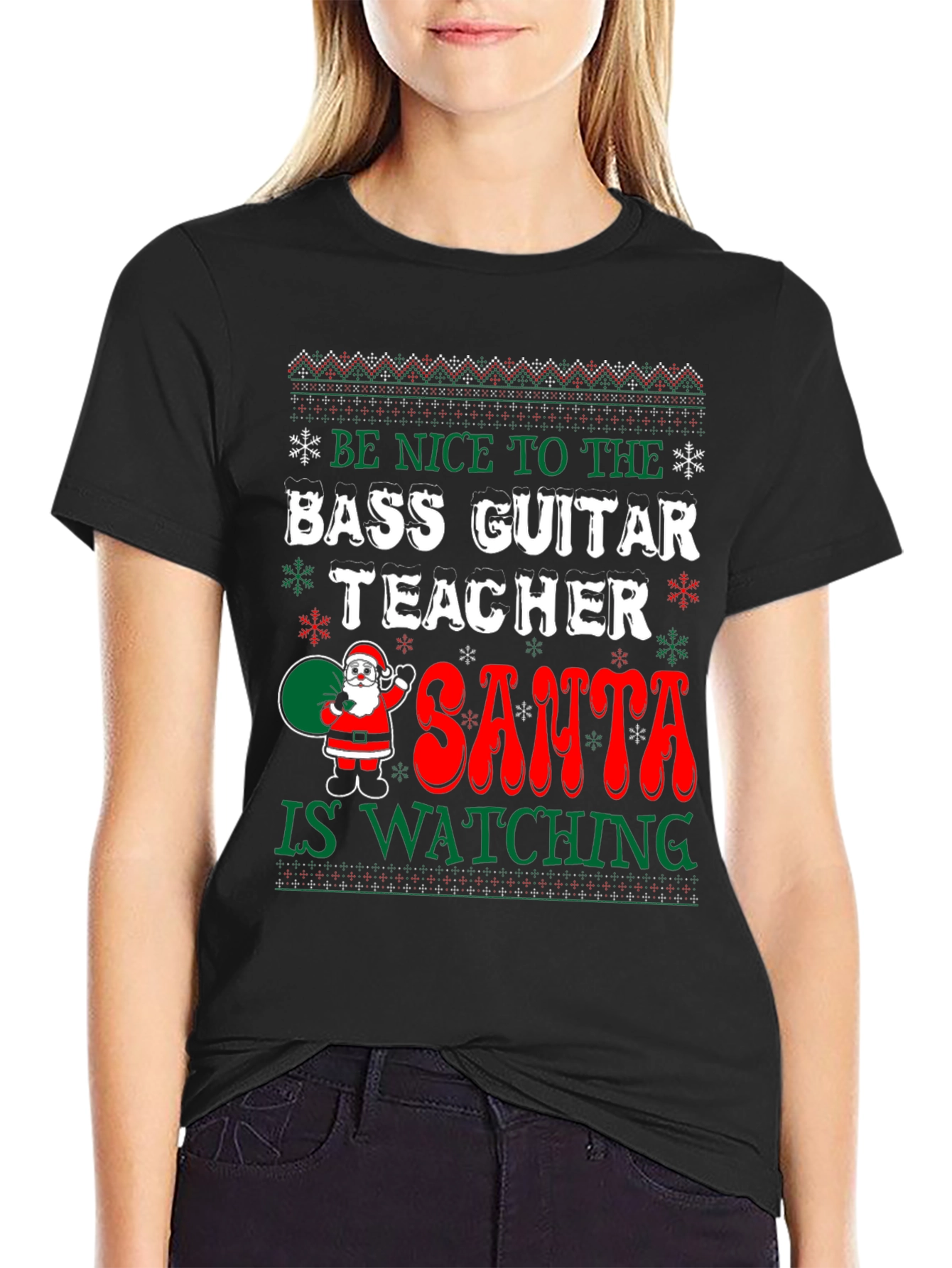 Bass Guitar Teacher Ugly Christmas Sweater Style T-Shirt
