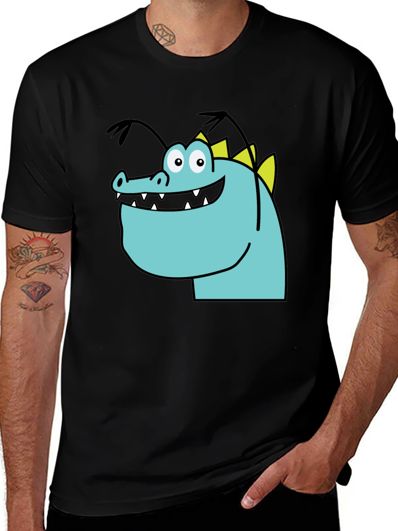 Cartoon Dinosaur Graphic Tee - Quirky Black T-Shirt