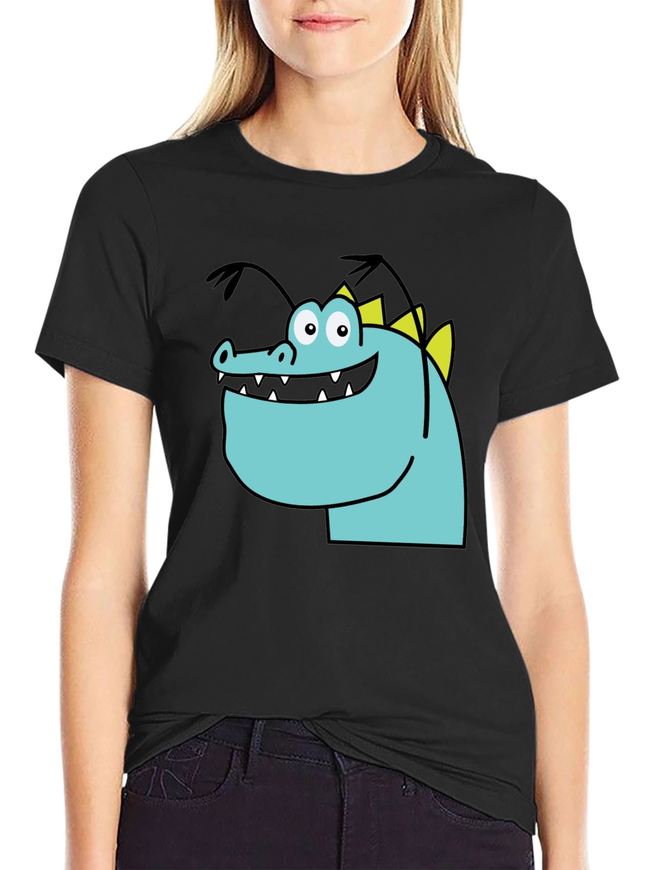 Cartoon Dinosaur Graphic Tee - Quirky Black T-Shirt