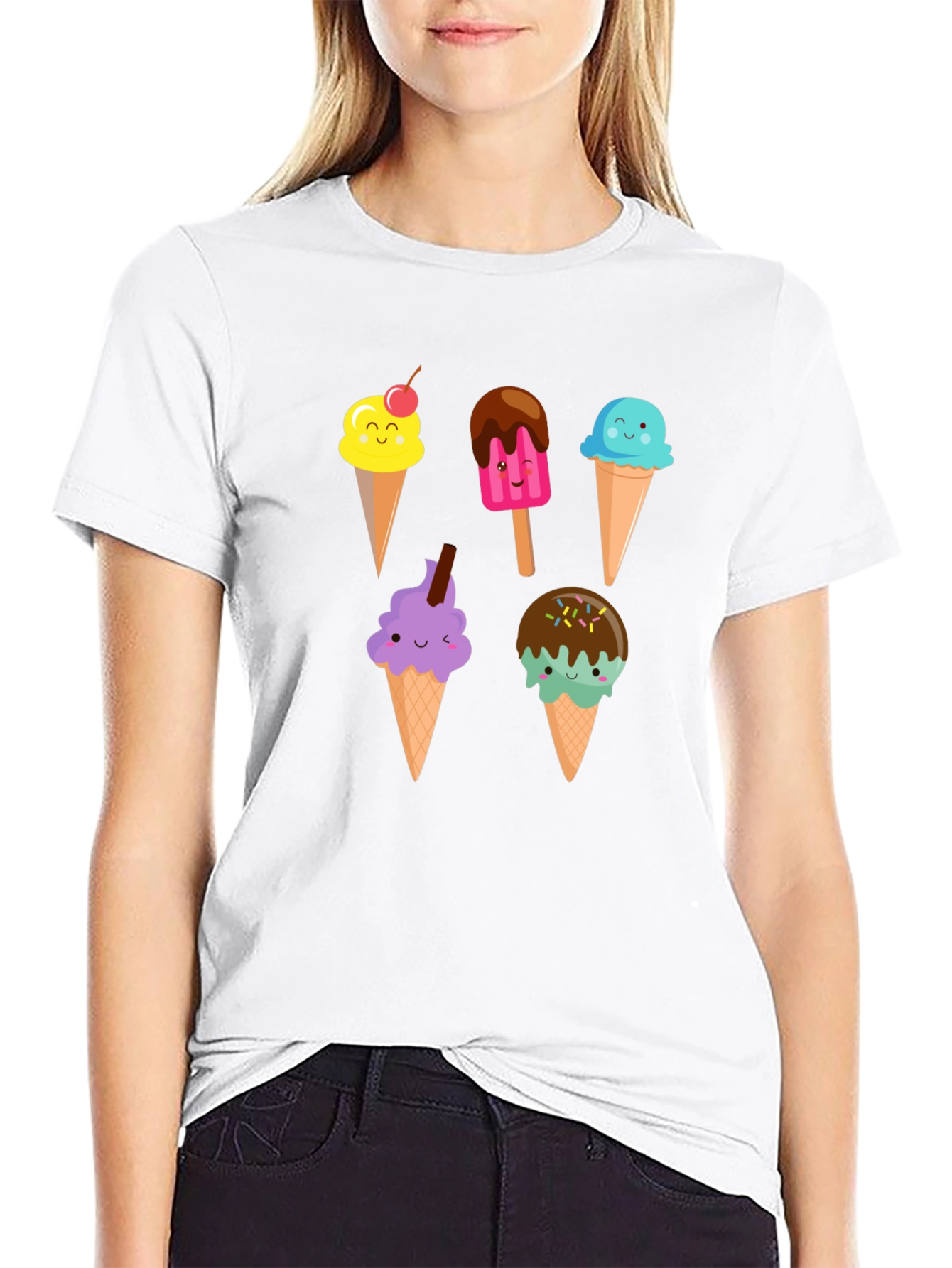 Cute Cartoon Ice Cream Graphic Black T-Shirt