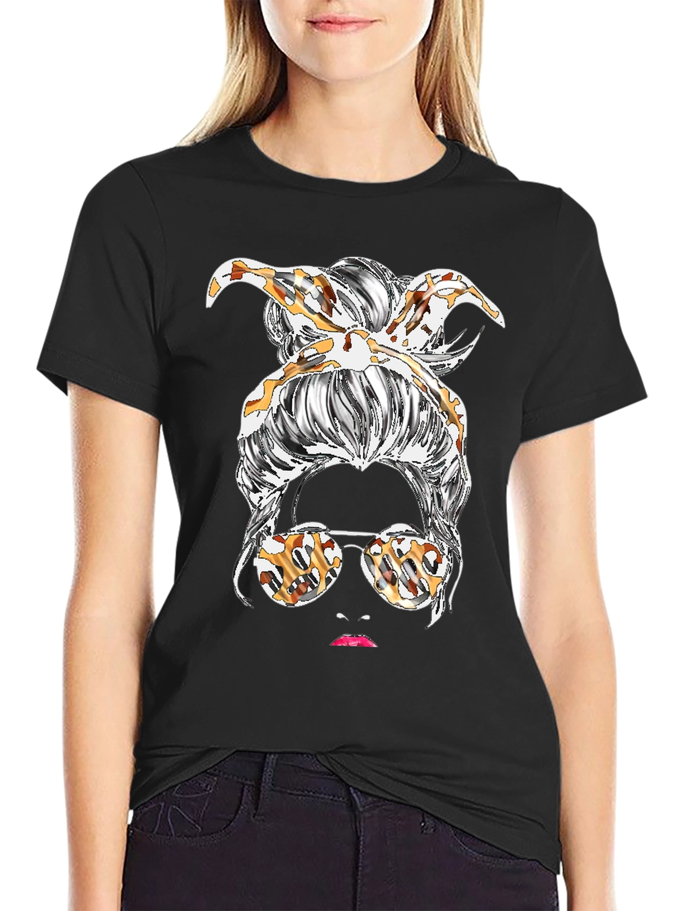 Messy Bun Leopard Print T-Shirt