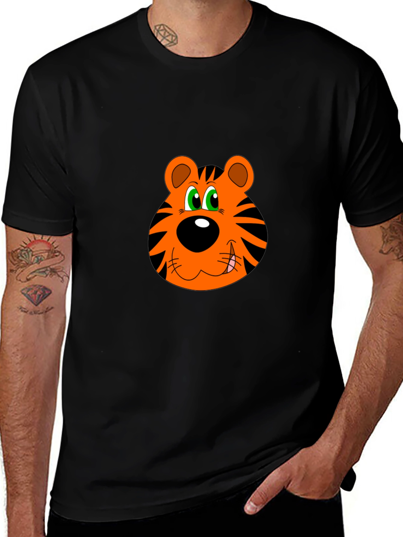 Cartoon Tiger Face Black T-Shirt