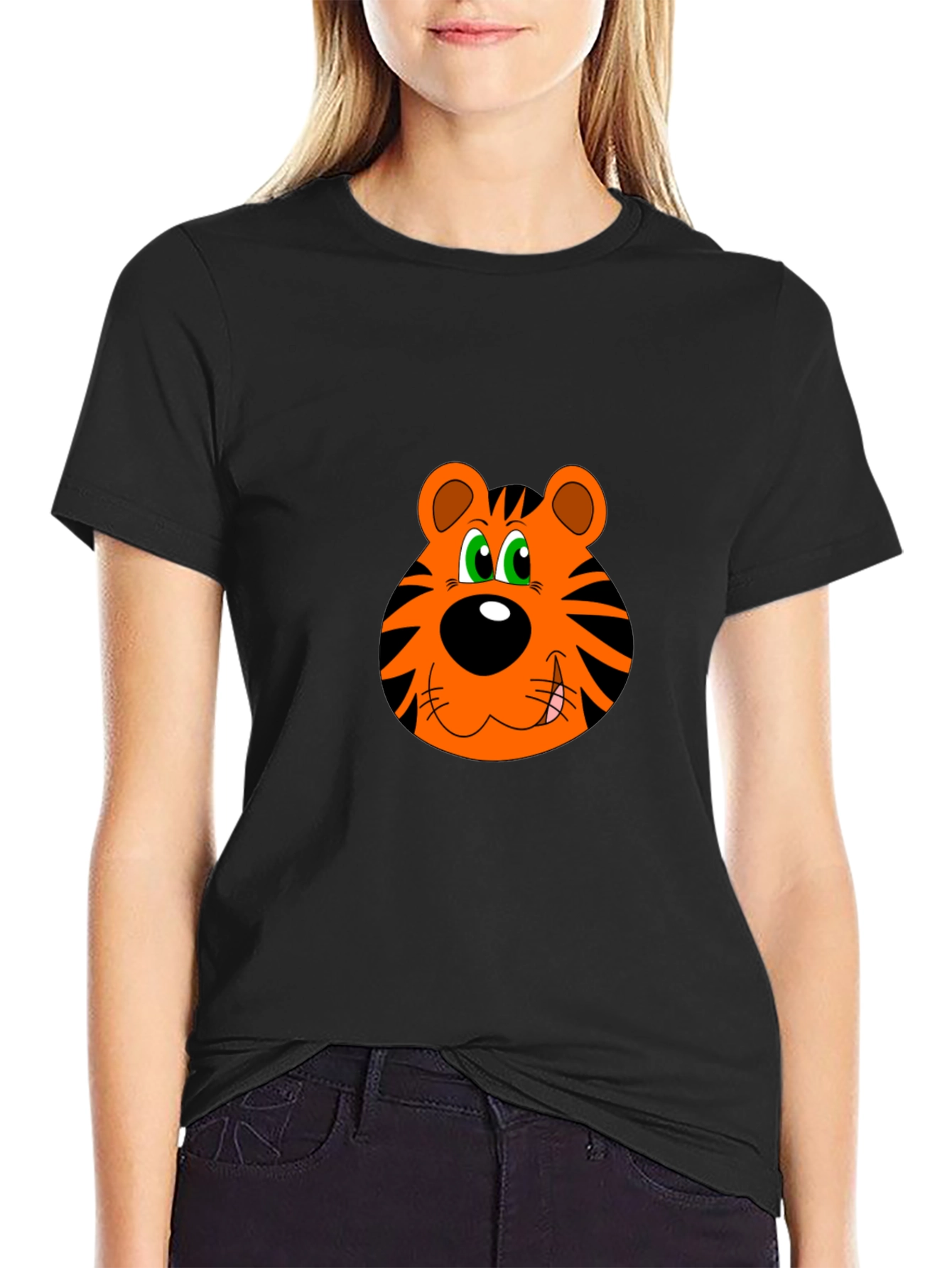 Cartoon Tiger Face Black T-Shirt