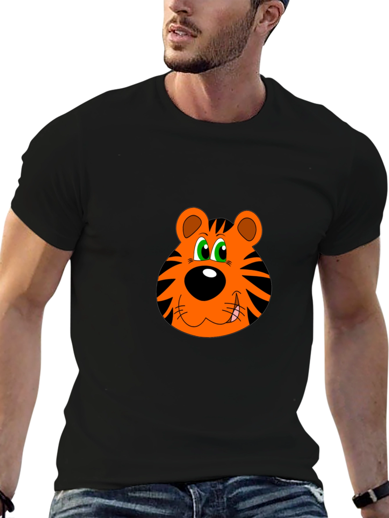 Cartoon Tiger Face Black T-Shirt