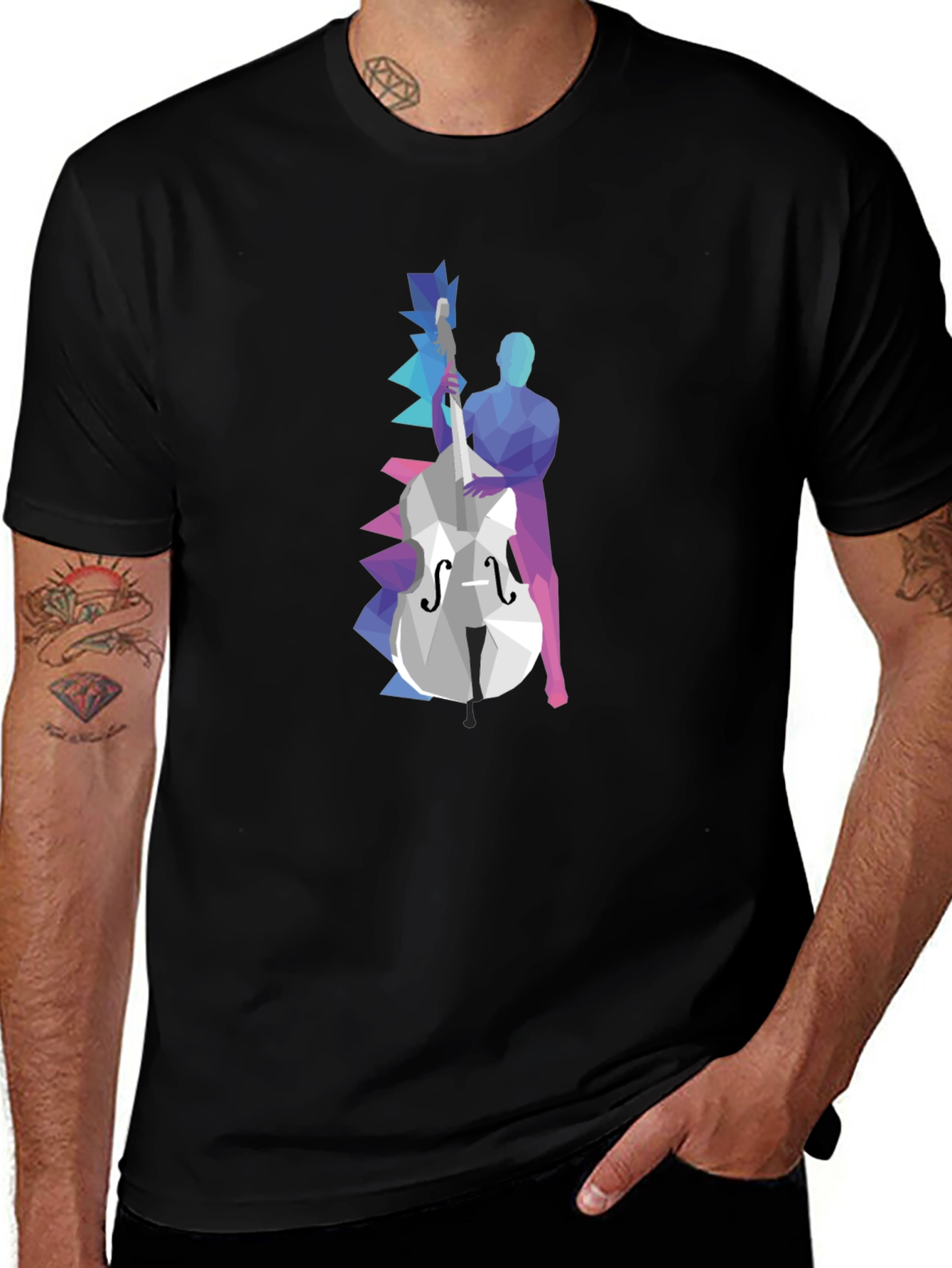 Abstract Bass Player Graphic Tee - Black Cotton T-Shirt