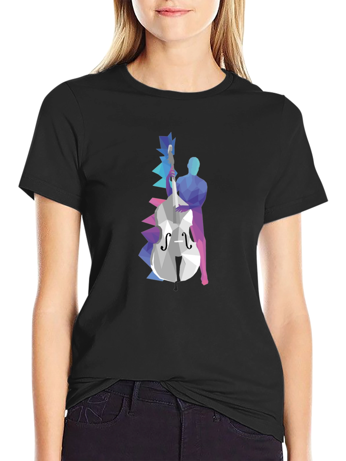 Abstract Bass Player Graphic Tee - Black Cotton T-Shirt