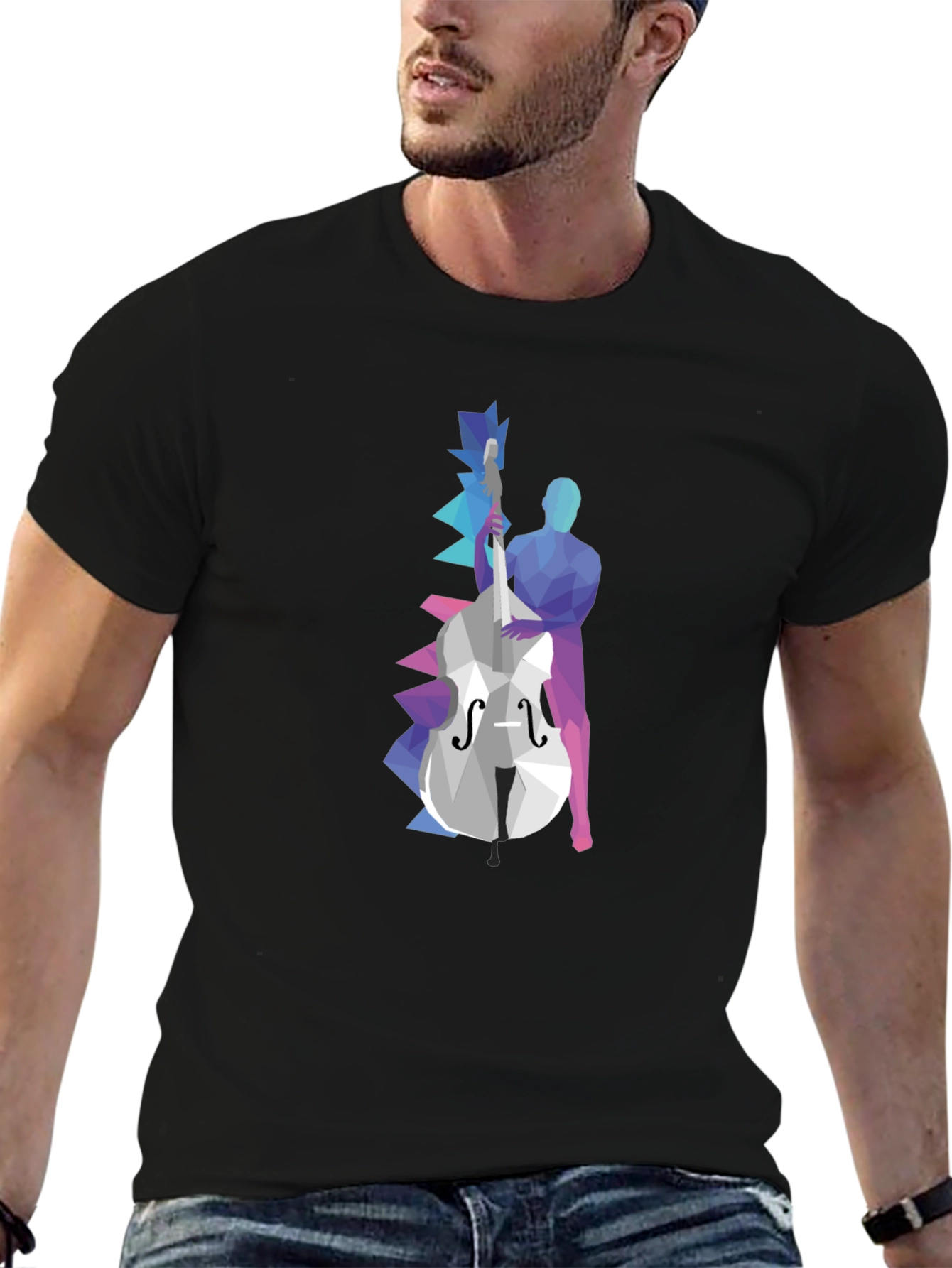 Abstract Bass Player Graphic Tee - Black Cotton T-Shirt