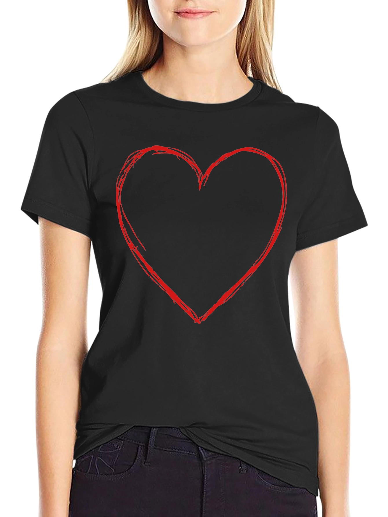 Heart Outline Graphic Tee - Casual Black T-Shirt