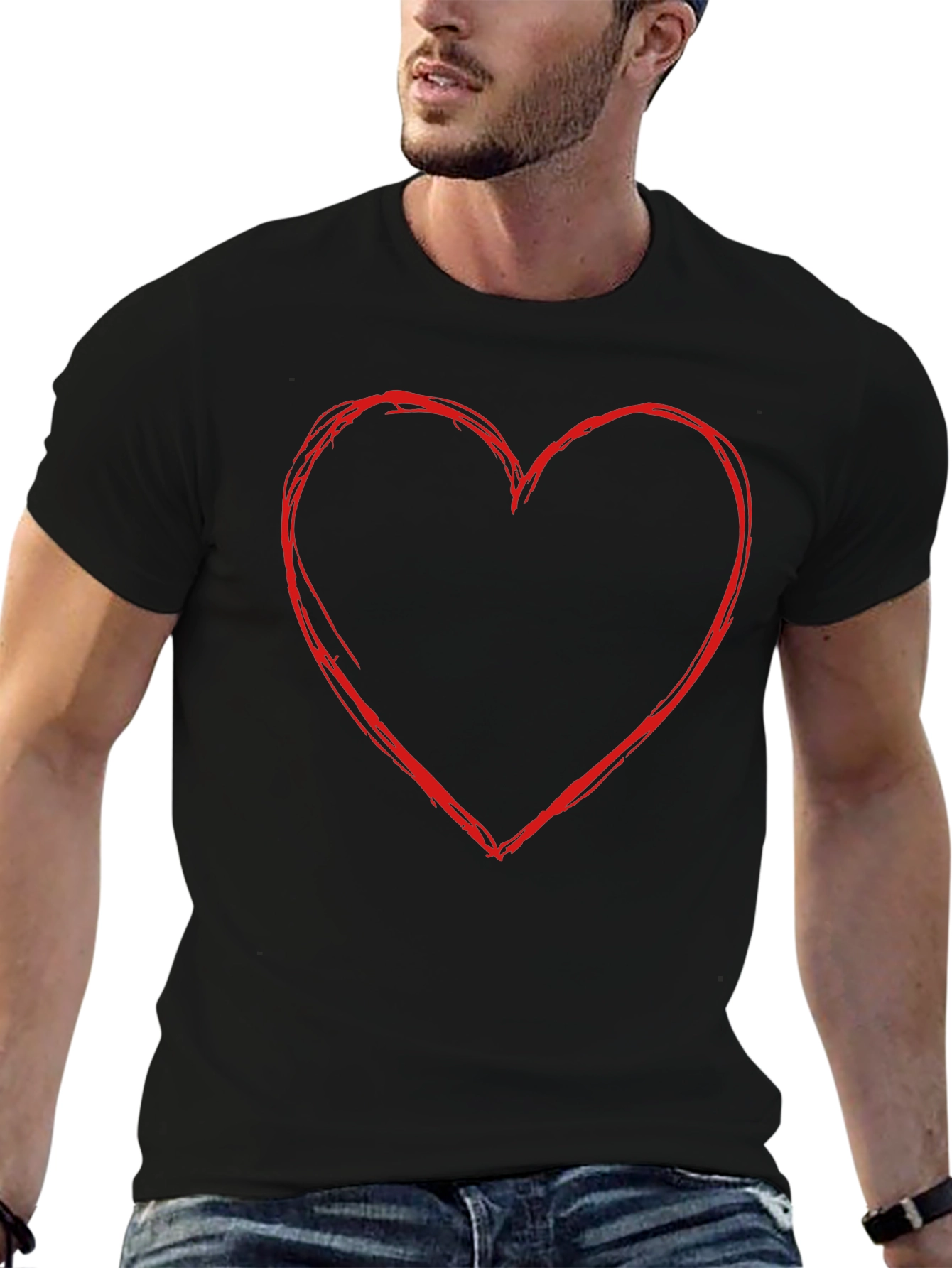Heart Outline Graphic Tee - Casual Black T-Shirt