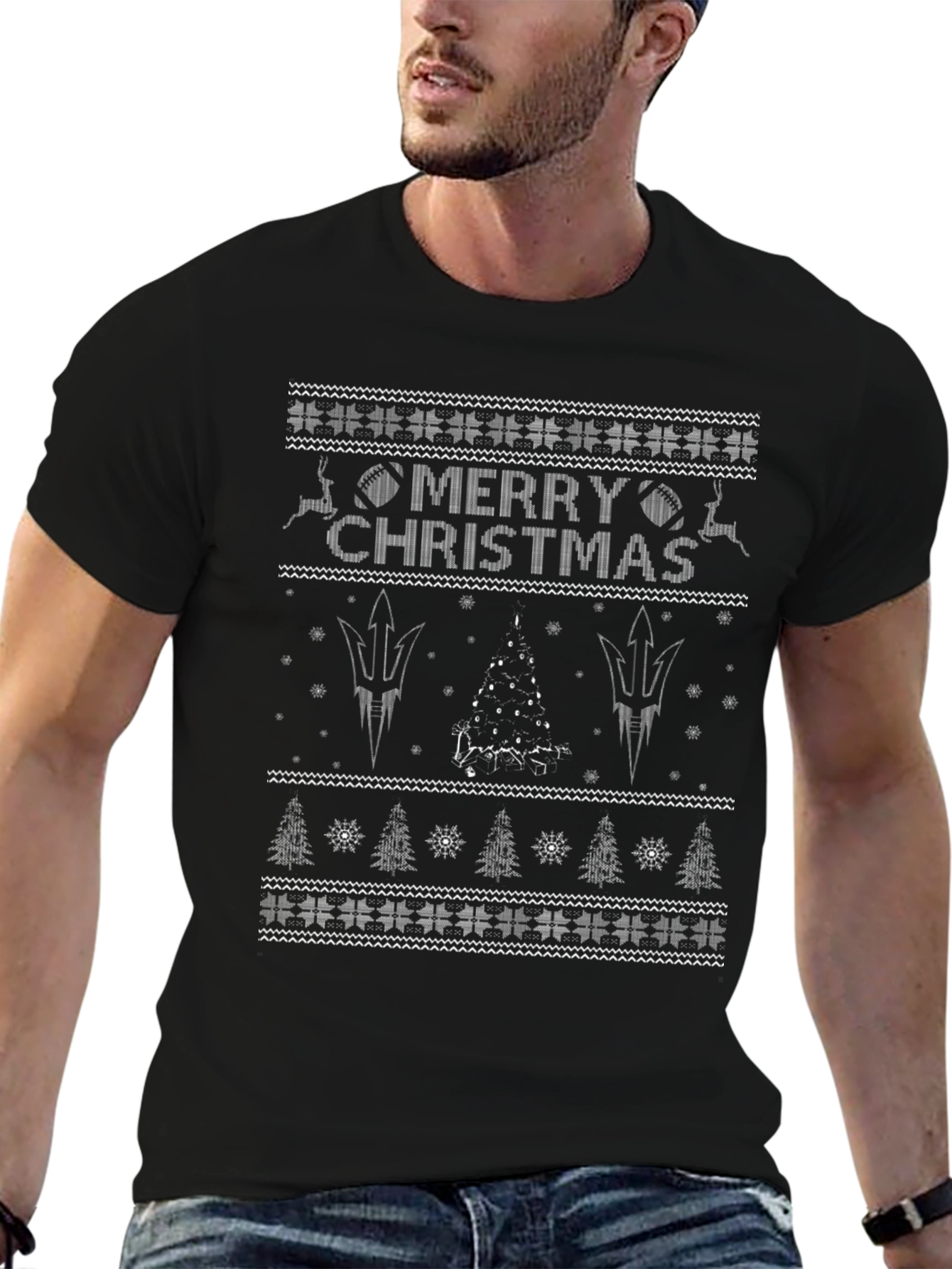 Merry Christmas Ugly Sweater Style Black T-Shirt