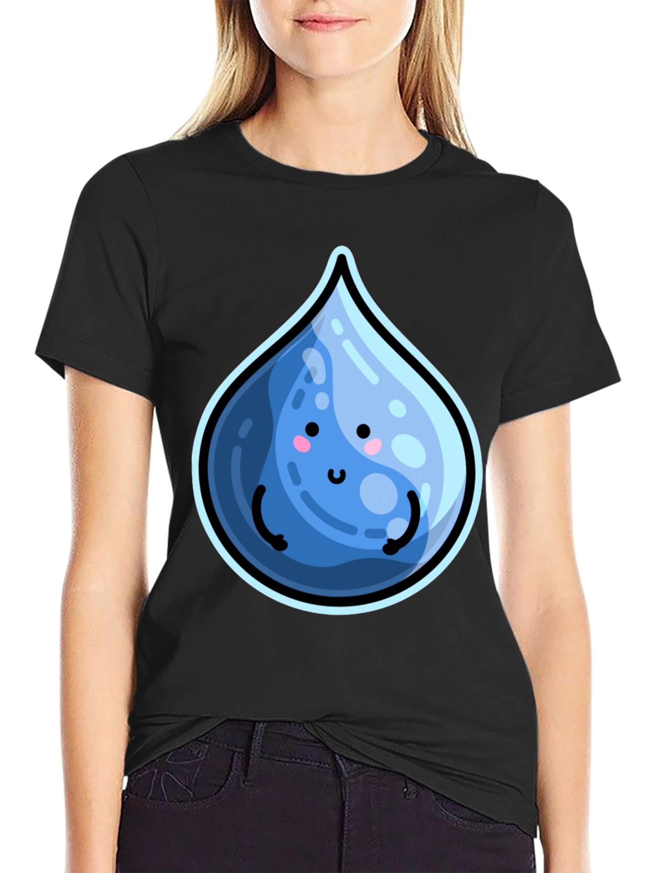 Cute Water Drop Graphic Black T-Shirt