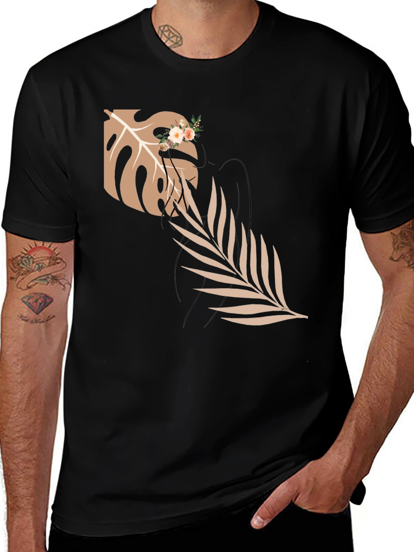 Elegant Black T-Shirt with Botanical Graphic