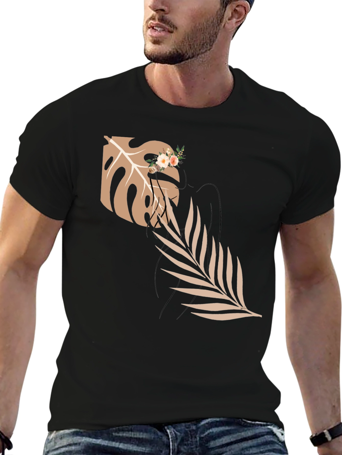 Elegant Black T-Shirt with Botanical Graphic
