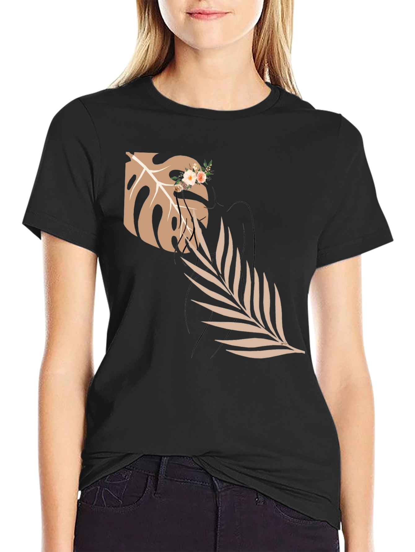 Elegant Black T-Shirt with Botanical Graphic