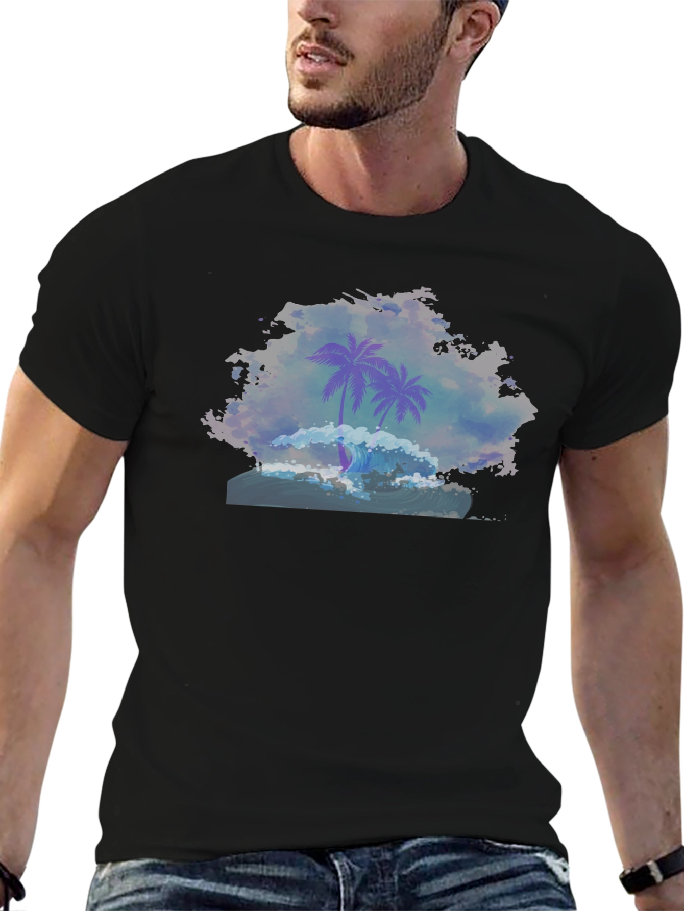 Palm Wave Graphic Tee - Black Cotton Comfort