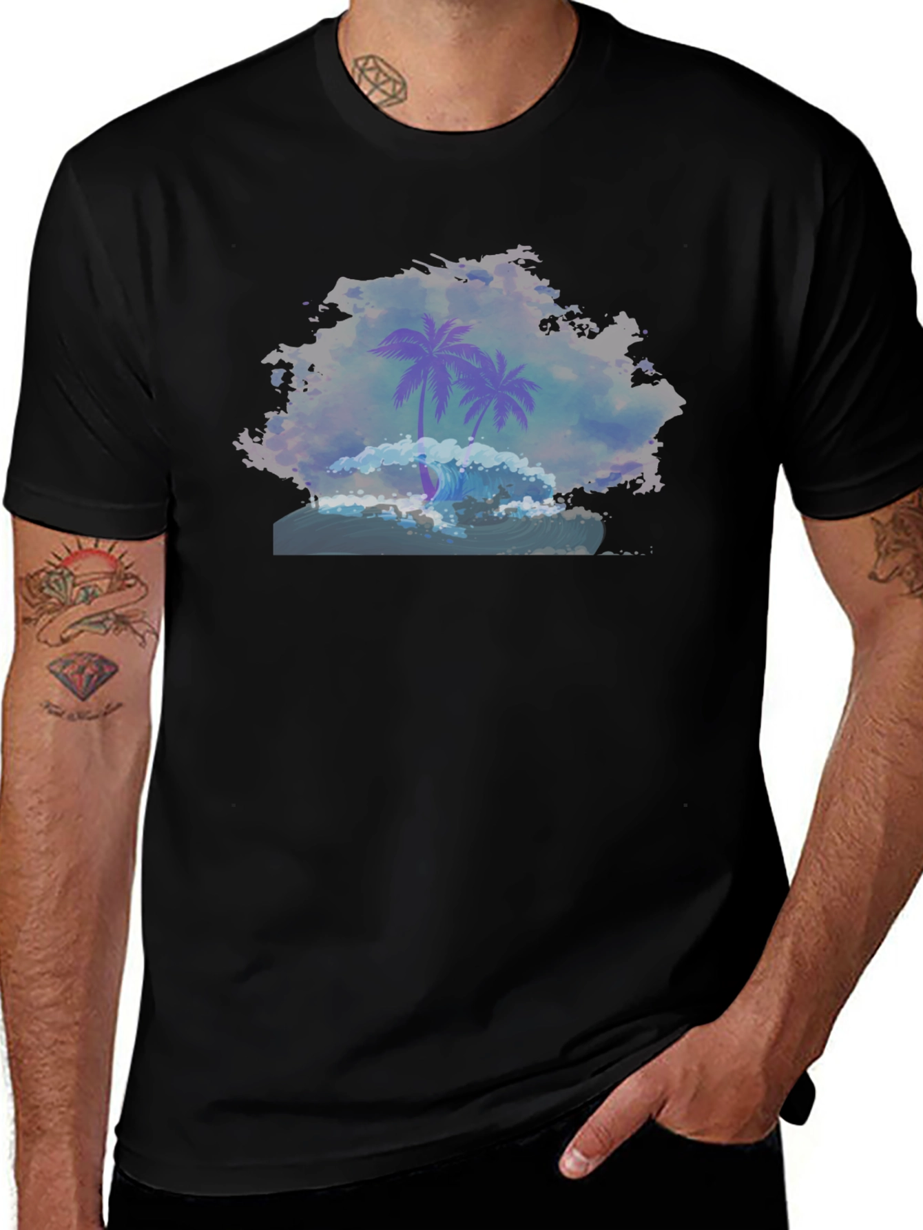 Palm Wave Graphic Tee - Black Cotton Comfort