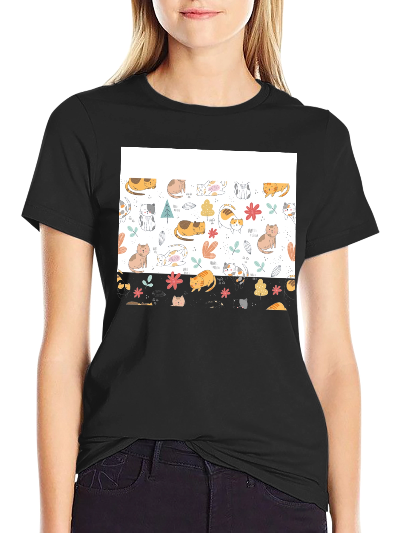 Cute Cat Pattern Black T-Shirt