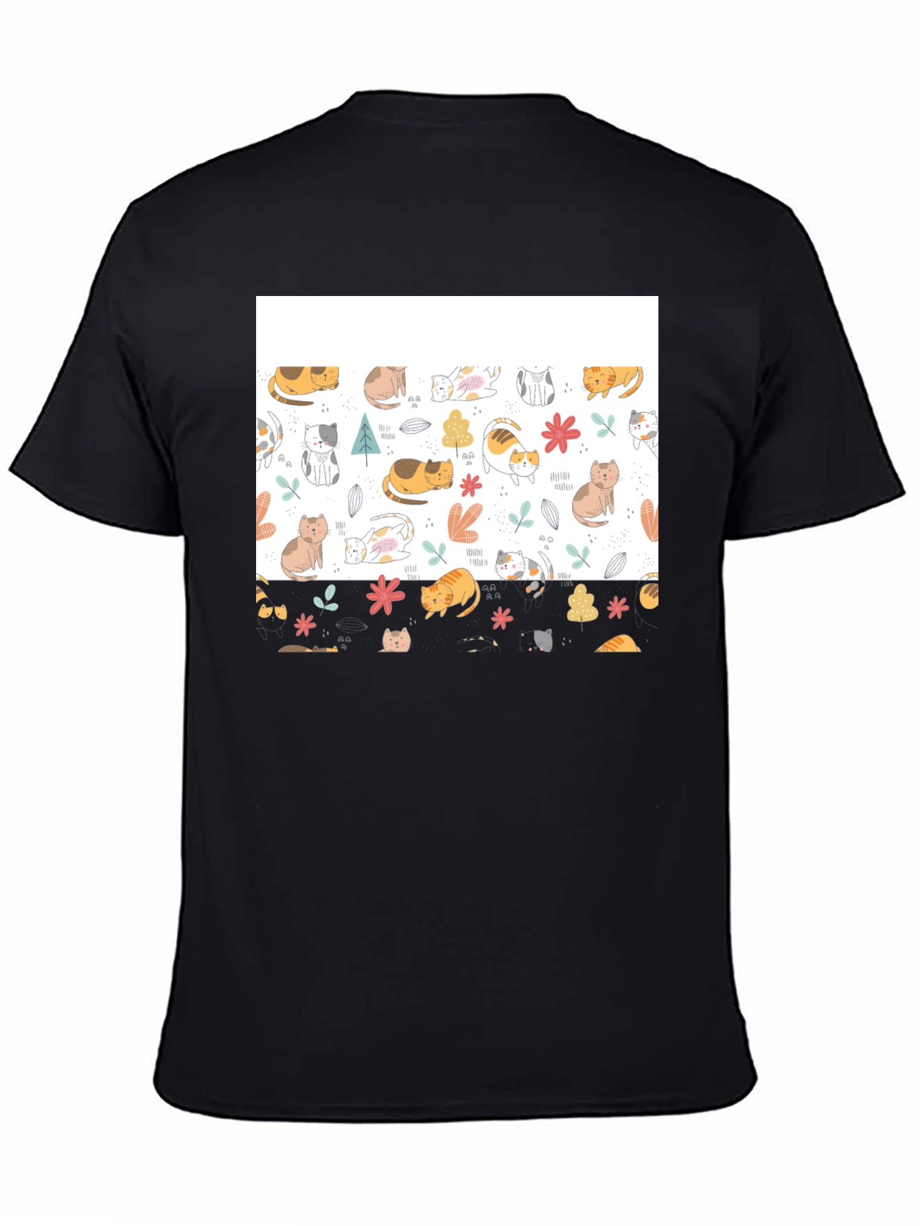 Cute Cat Pattern Black T-Shirt