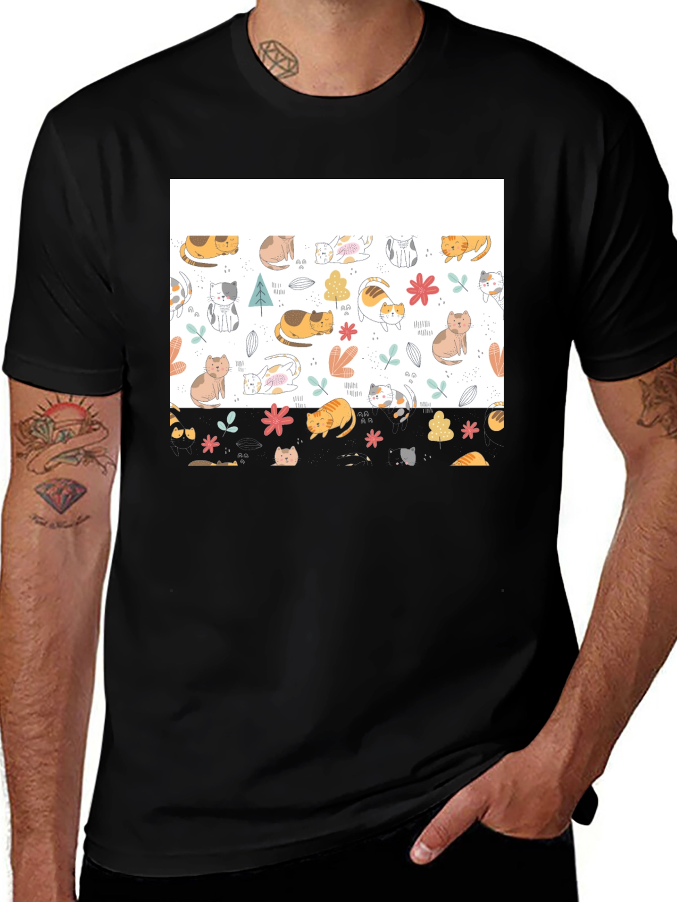 Cute Cat Pattern Black T-Shirt