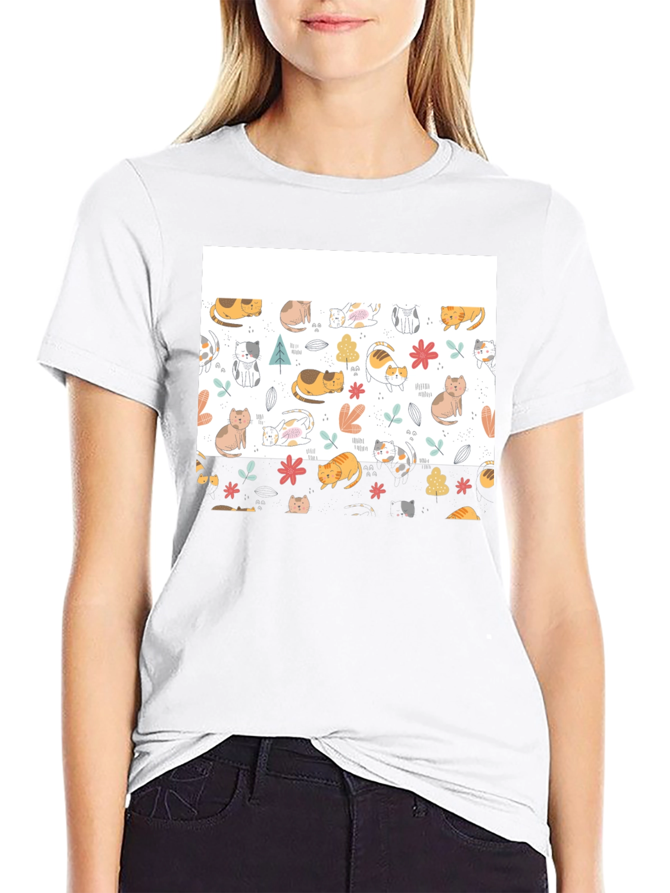 Cute Cat Pattern Black T-Shirt