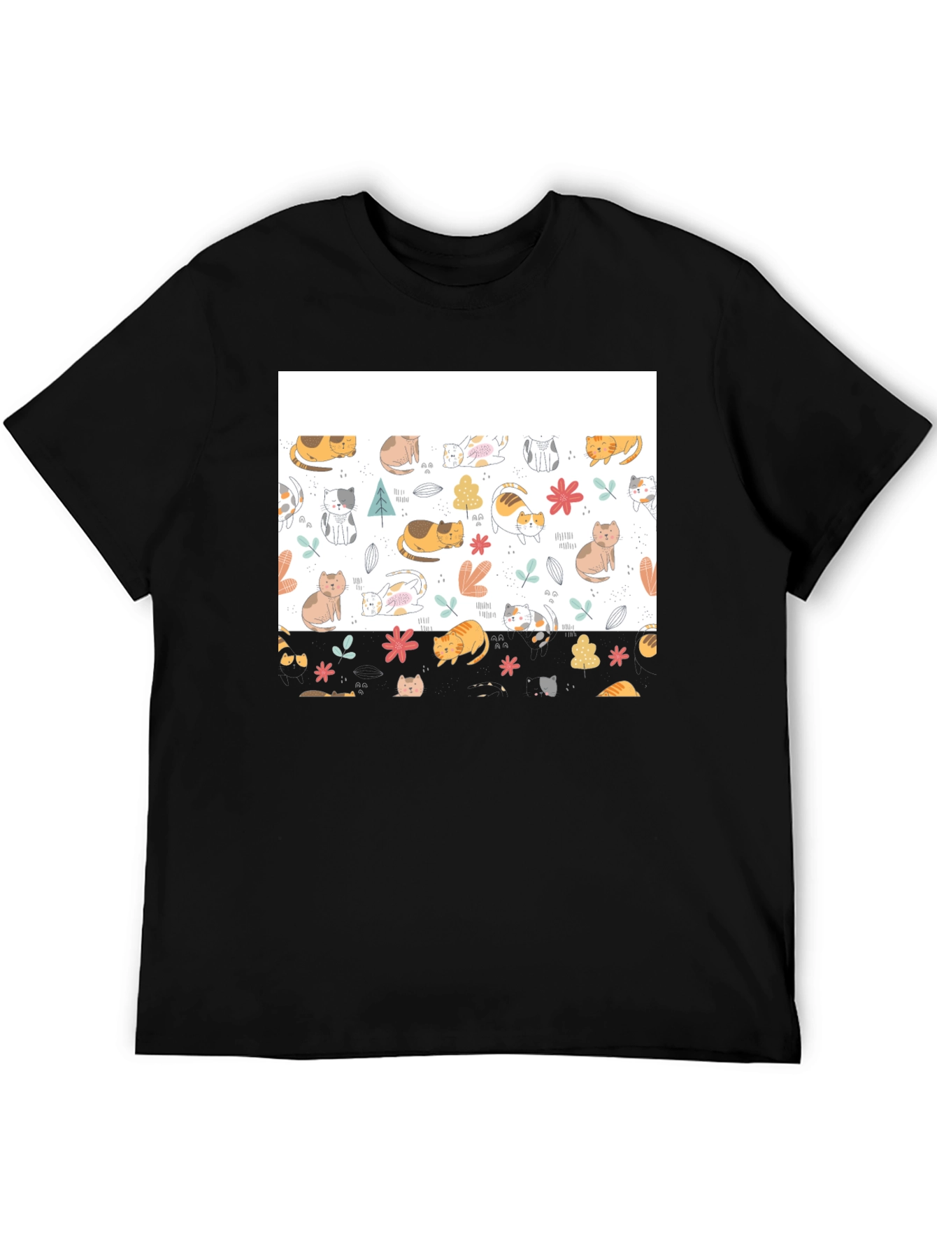 Cute Cat Pattern Black T-Shirt