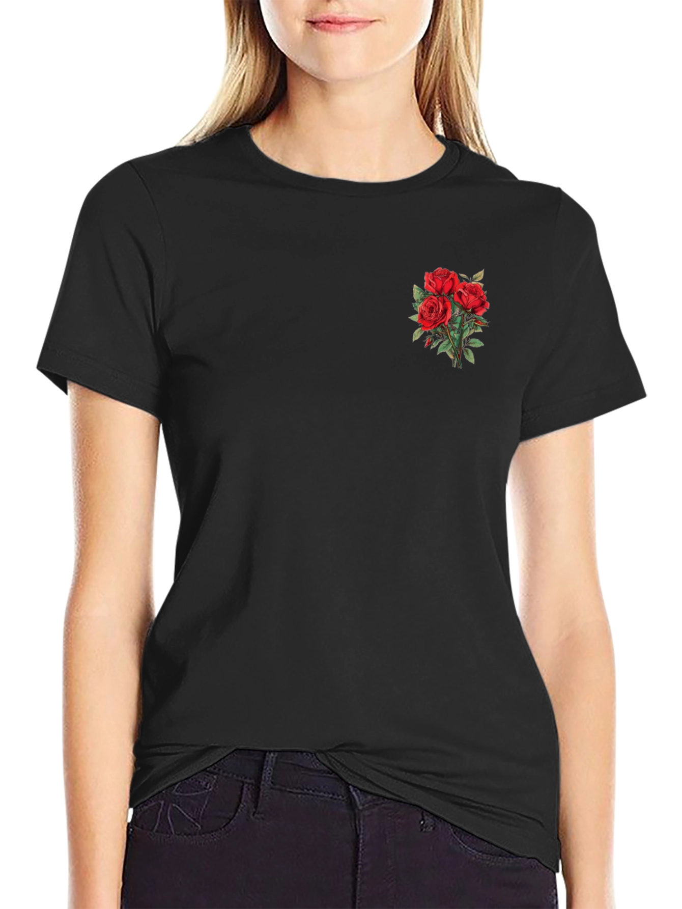 Red Roses Black T-Shirt - Floral Graphic Tee