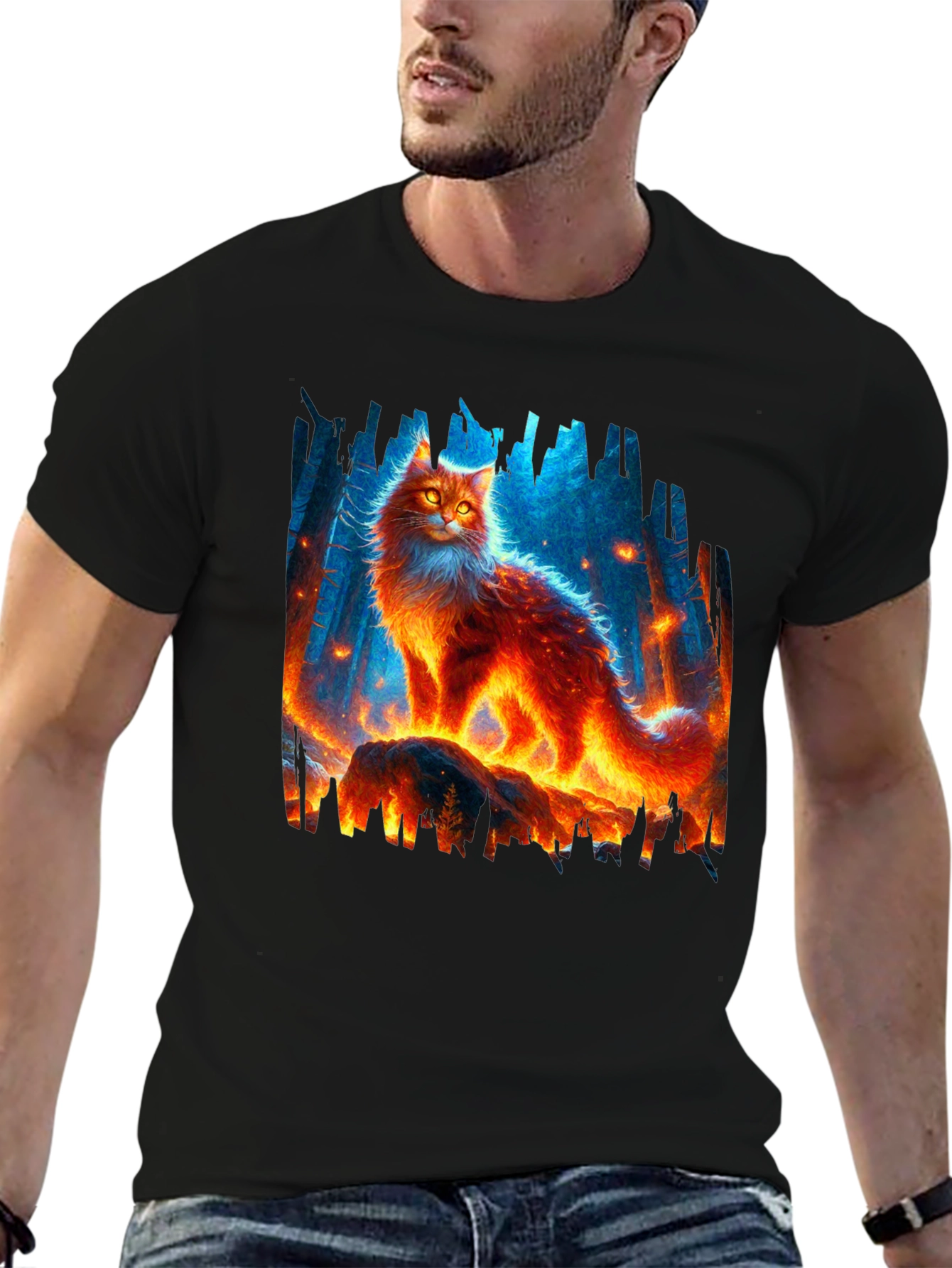 Fiery Cat Graphic Tee - Unique Design