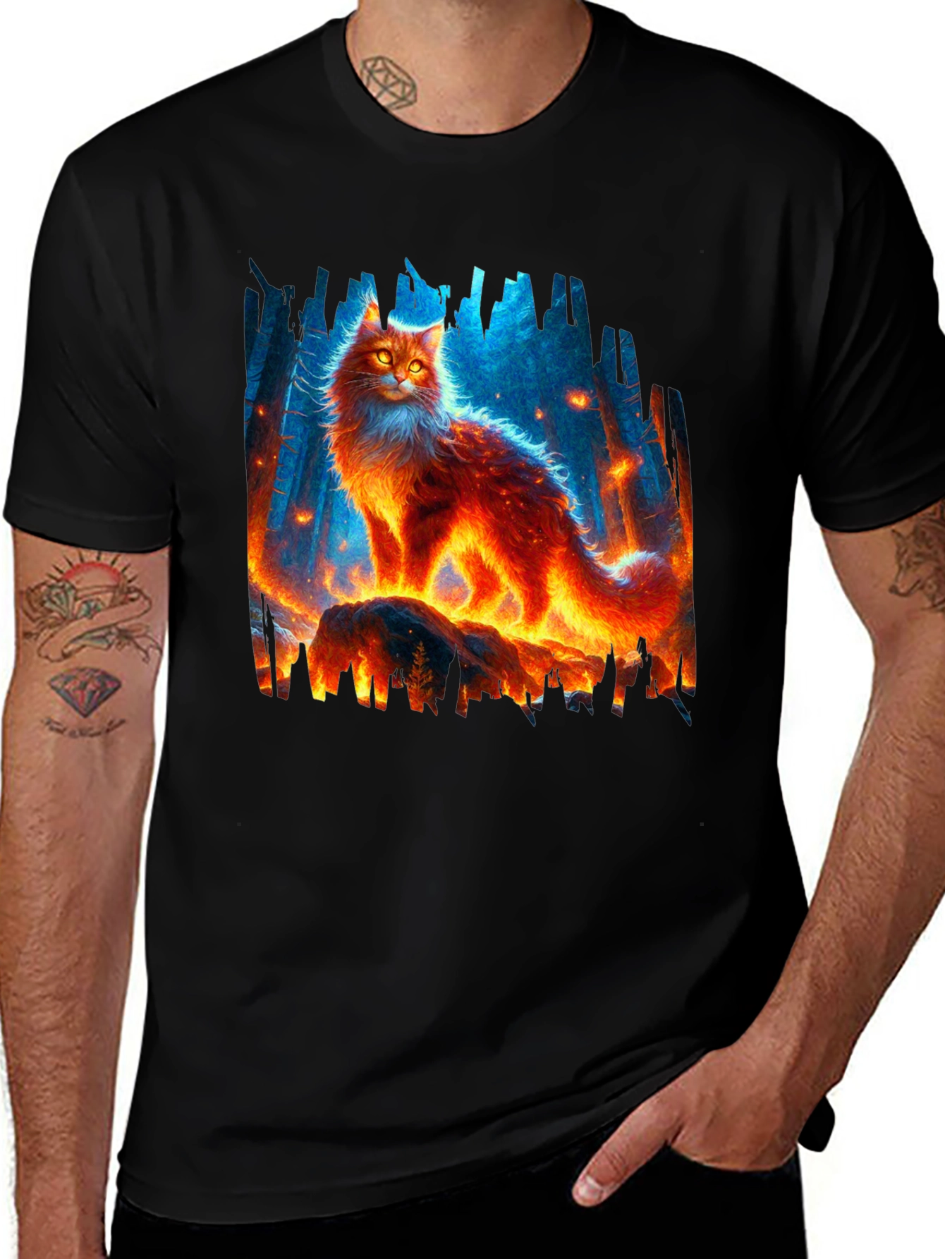 Fiery Cat Graphic Tee - Unique Design