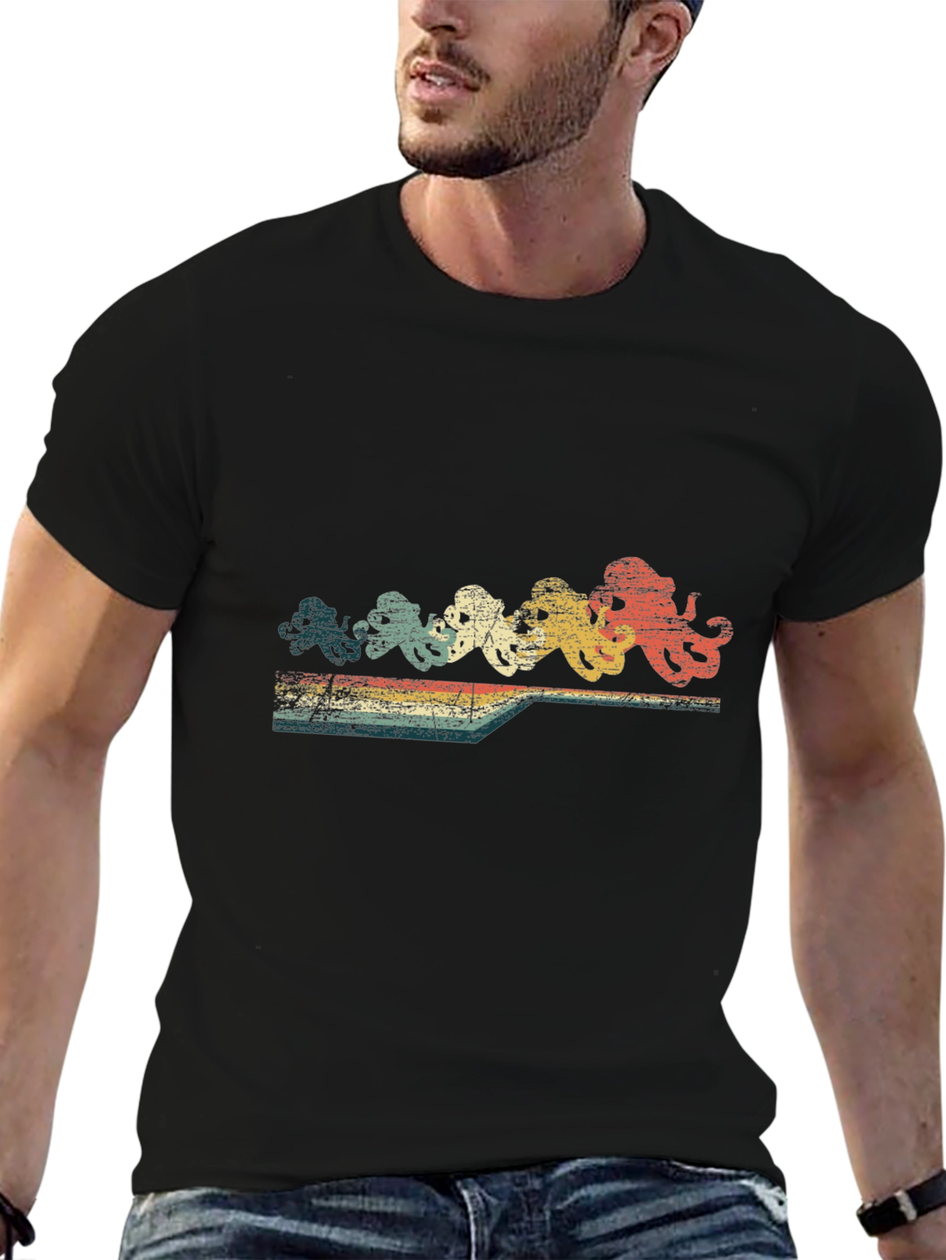 Retro Octopus Row T-Shirt - Black