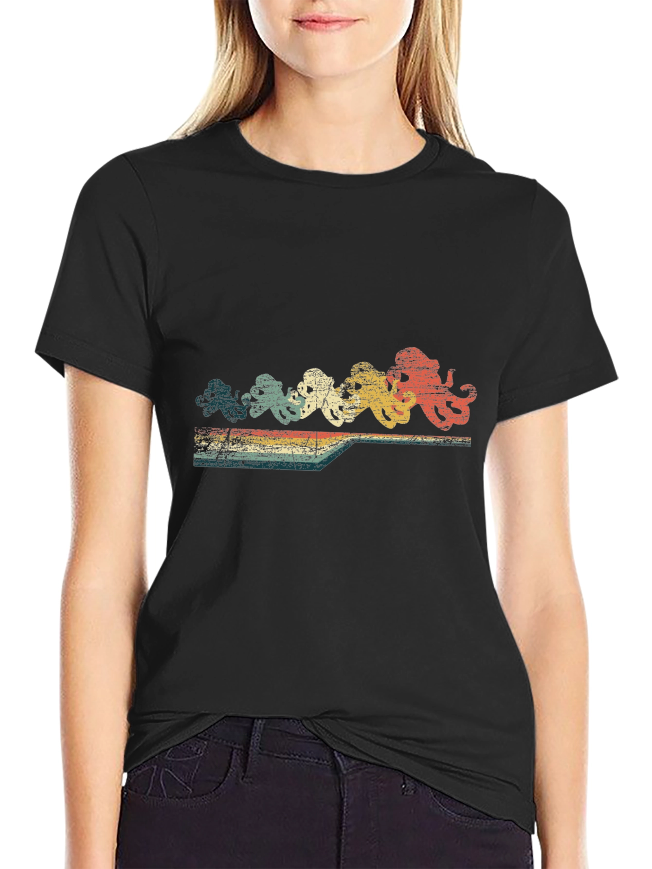 Retro Octopus Row T-Shirt - Black