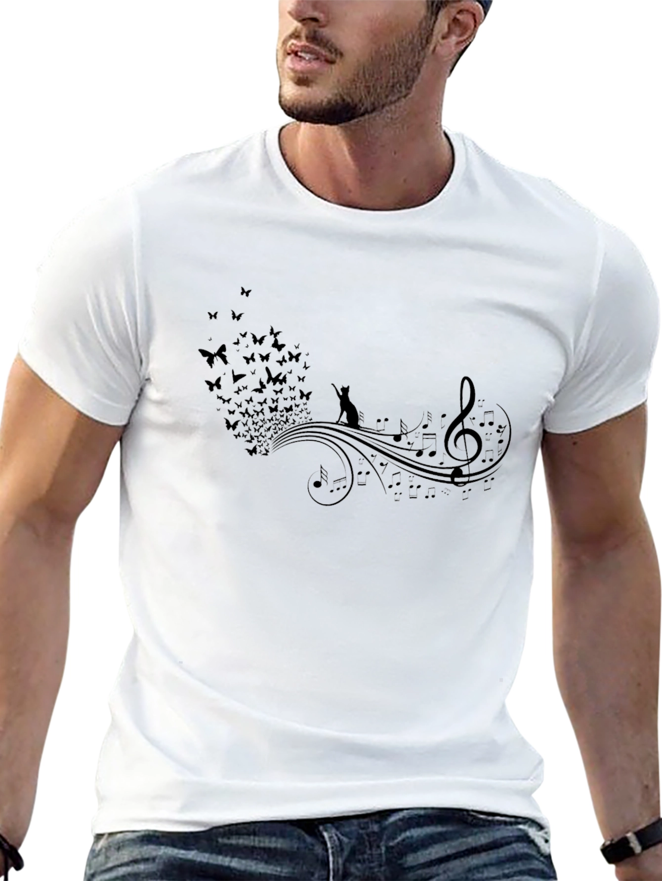 Musical Cat & Butterfly T-Shirt - Black
