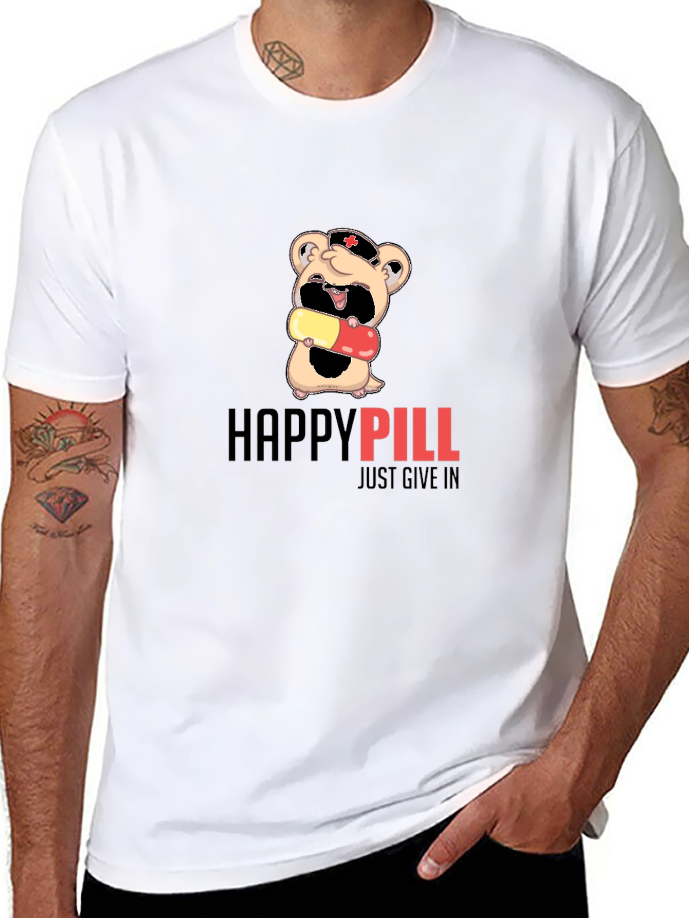Happy Pill Graphic T-Shirt - Just Give In!