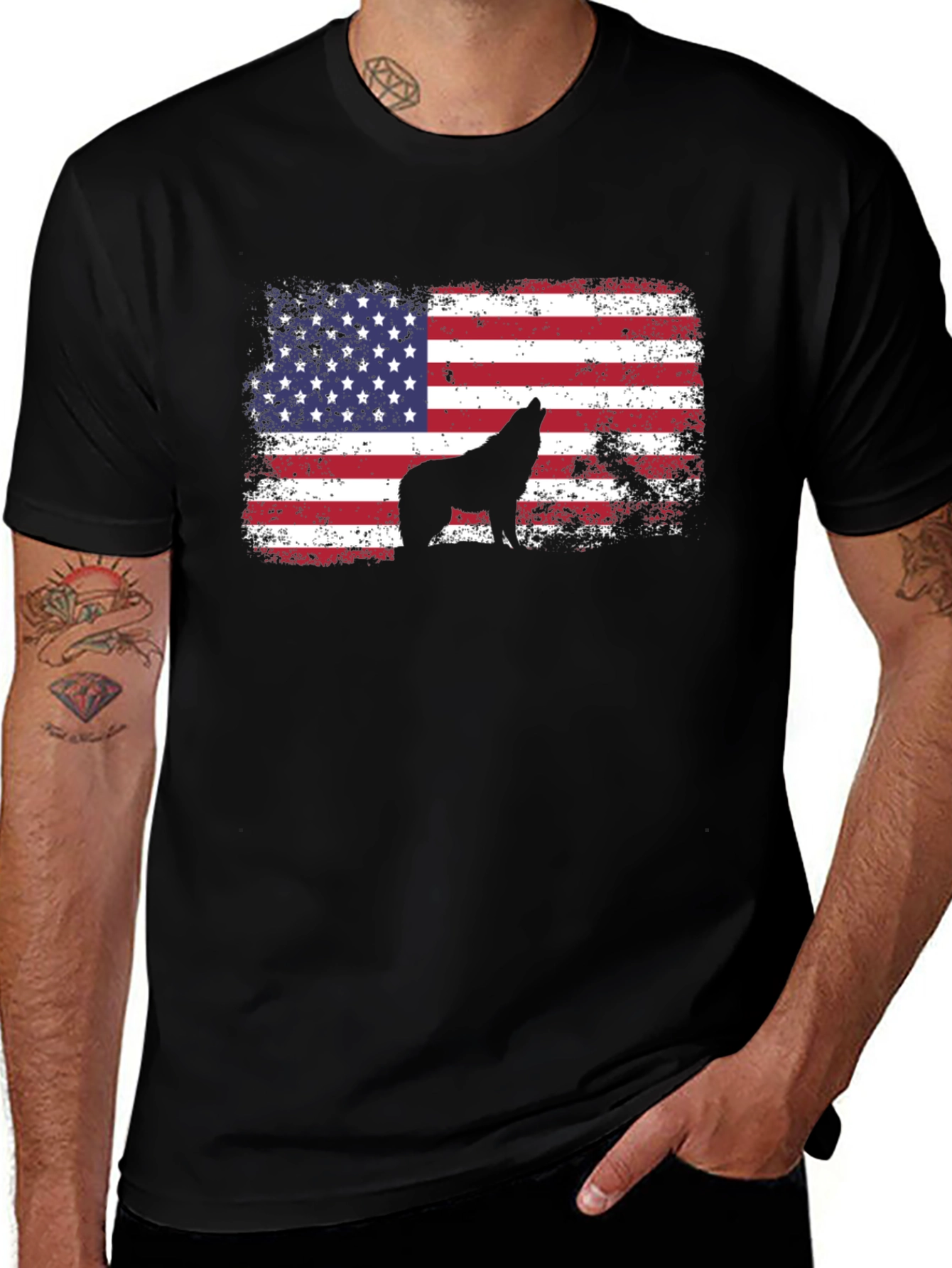 USA Flag Wolf Graphic Tee - Patriotic Style