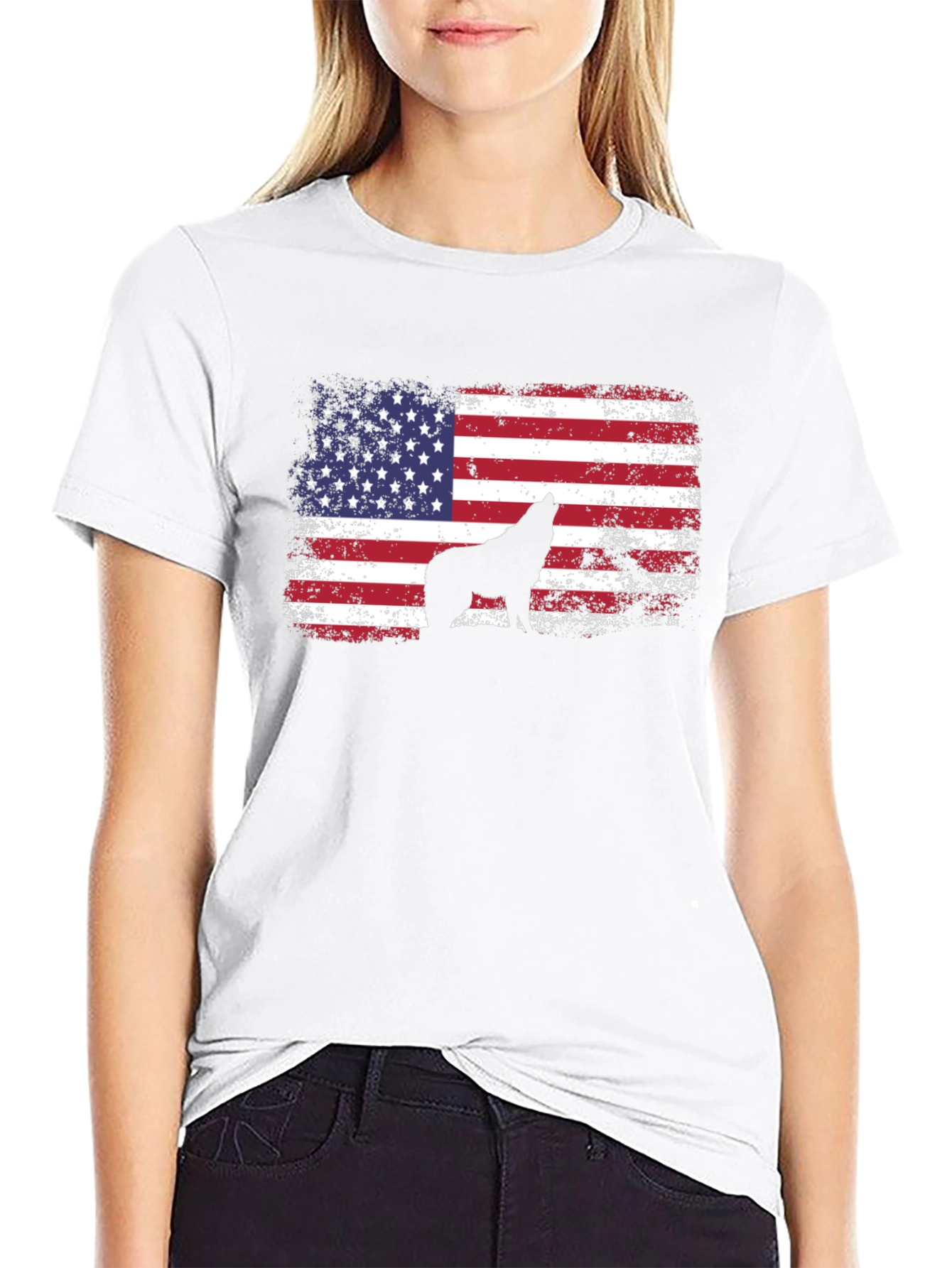 USA Flag Wolf Graphic Tee - Patriotic Style