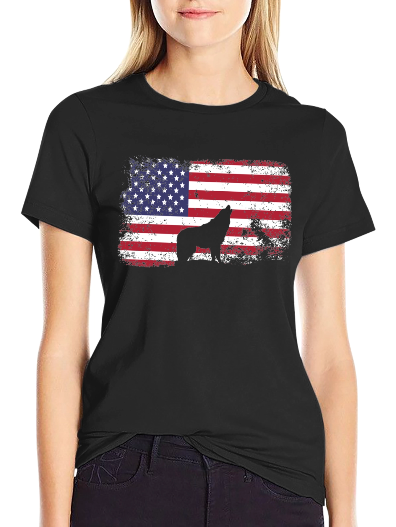 USA Flag Wolf Graphic Tee - Patriotic Style