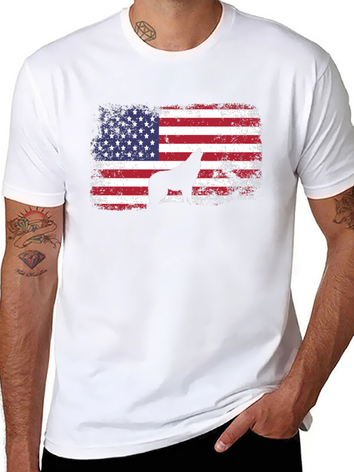USA Flag Wolf Graphic Tee - Patriotic Style
