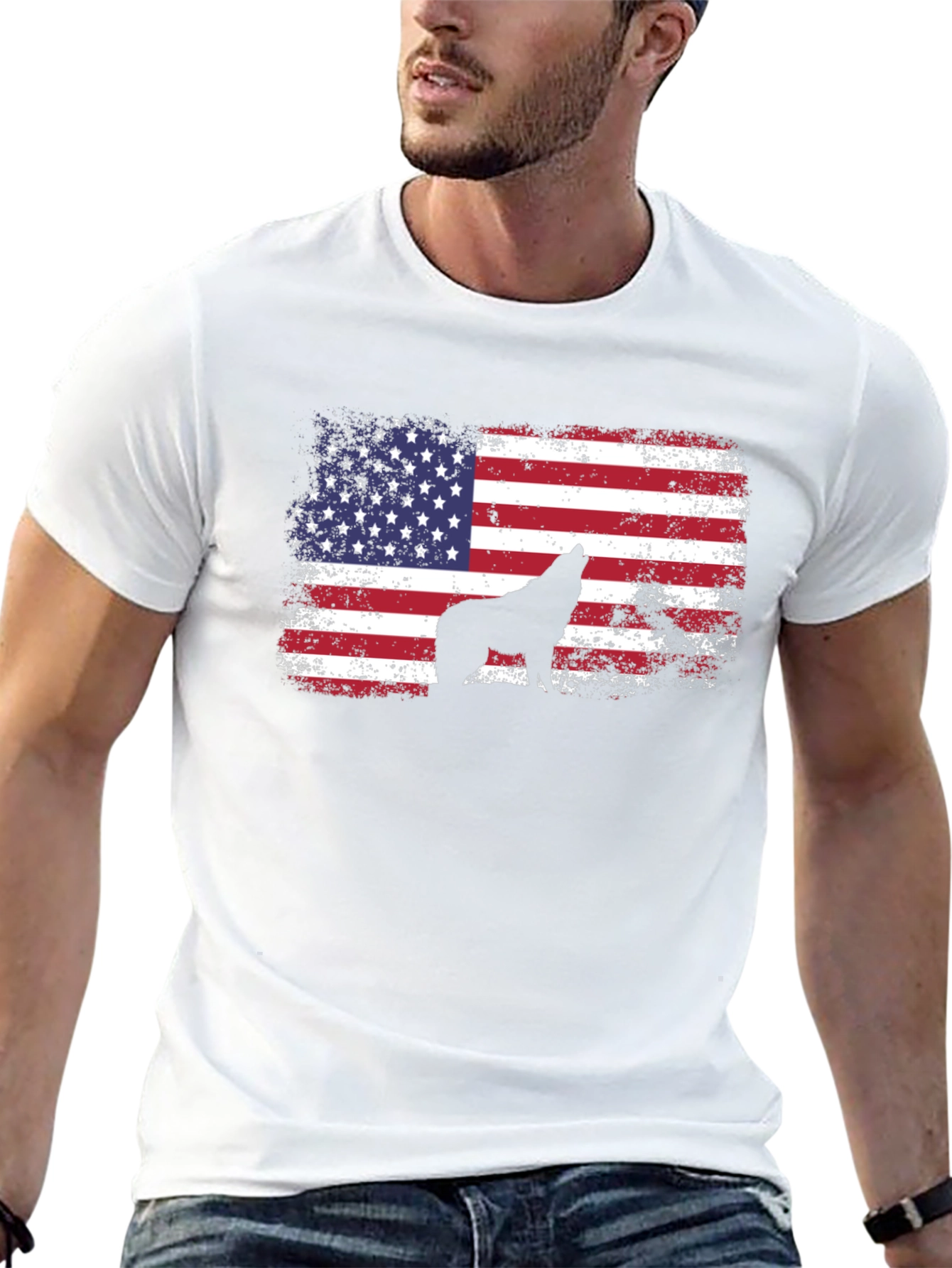 USA Flag Wolf Graphic Tee - Patriotic Style