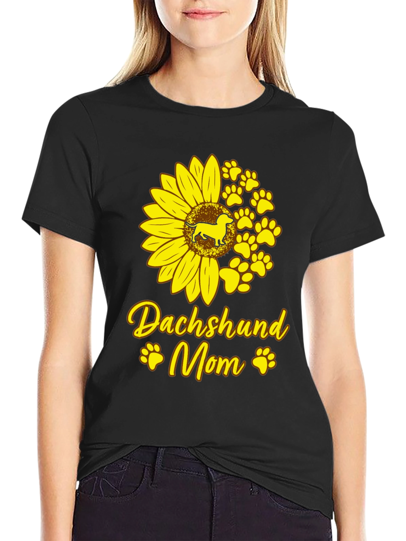 Dachshund Mom Sunflower Graphic Tee - Black